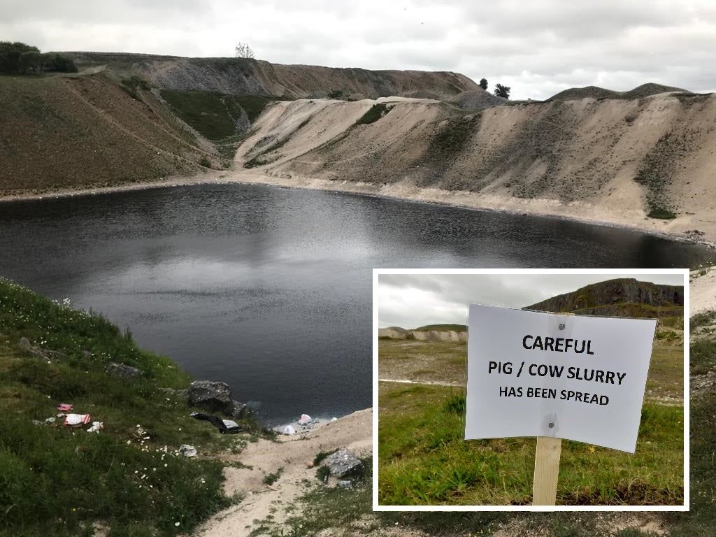 A recent image of the quarry, and, inset, a sign warning that animal waste has been spread on the ground