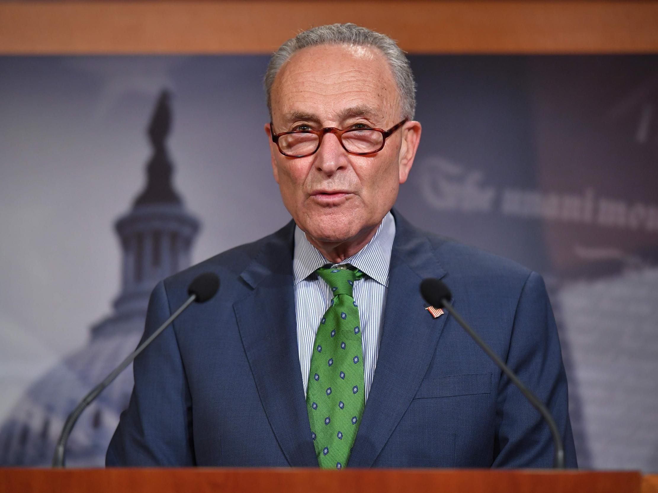 Senate minority leader Chuck Schumer of New York speaks during her weekly press conference at the US Capitol in Washington