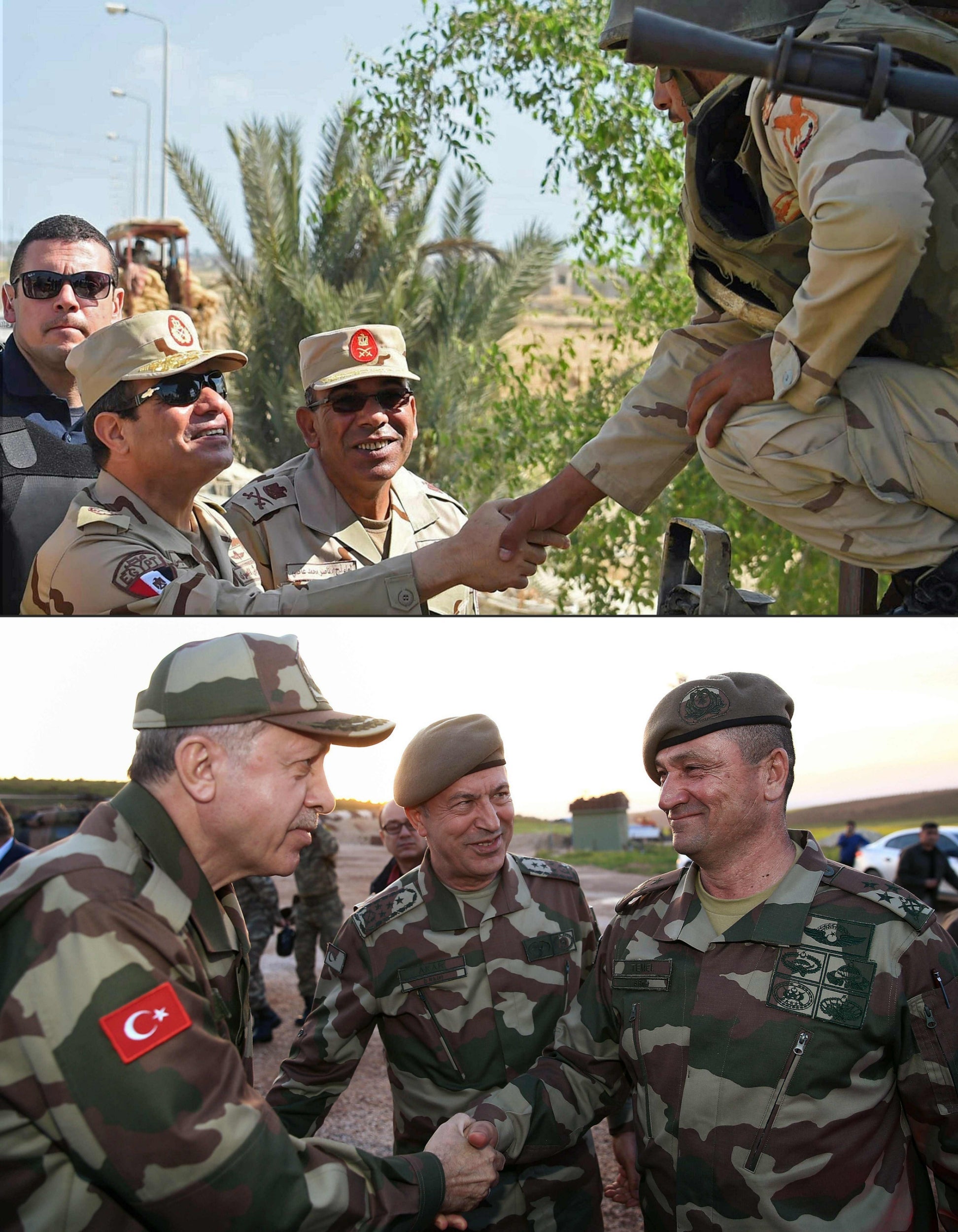 Composite image shows (above) the Egyptian president Abdel Fattah el-Sisi (C) shaking hands with a member of the security forces during a visit to the Sinai Peninsula, and (below) a picture of Turkish president Recep Tayyip Erdogan (L) shaking hands with Turkish commander Ismail Metin Temel in Hatay province