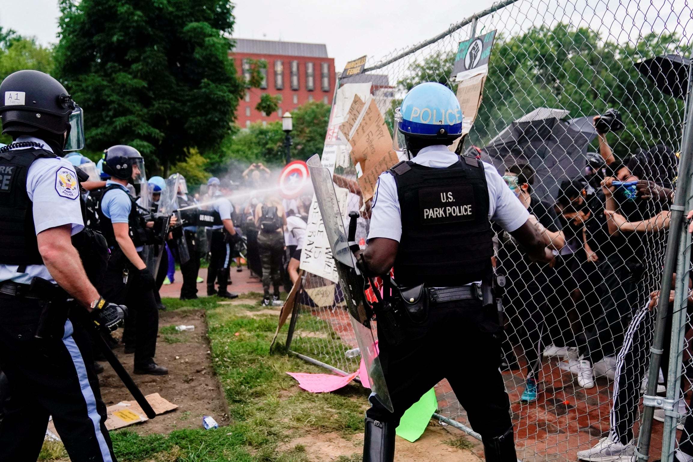 Police clashed with protesters by the statue in Lafayette Square