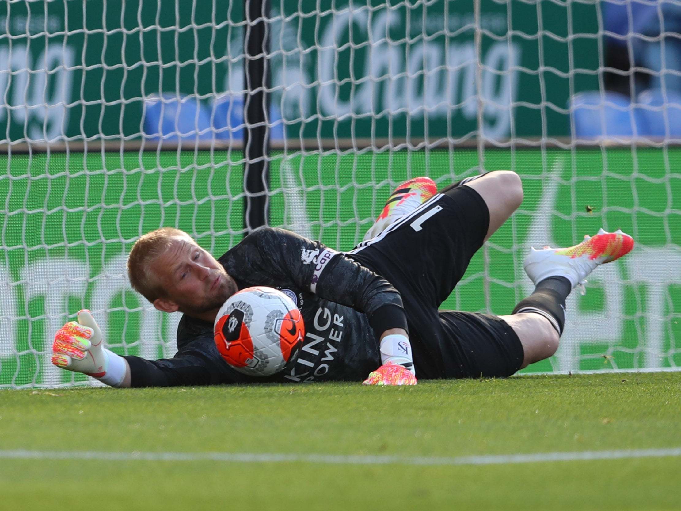 Kasper Schmeichel saves Neal Maupay’s penalty