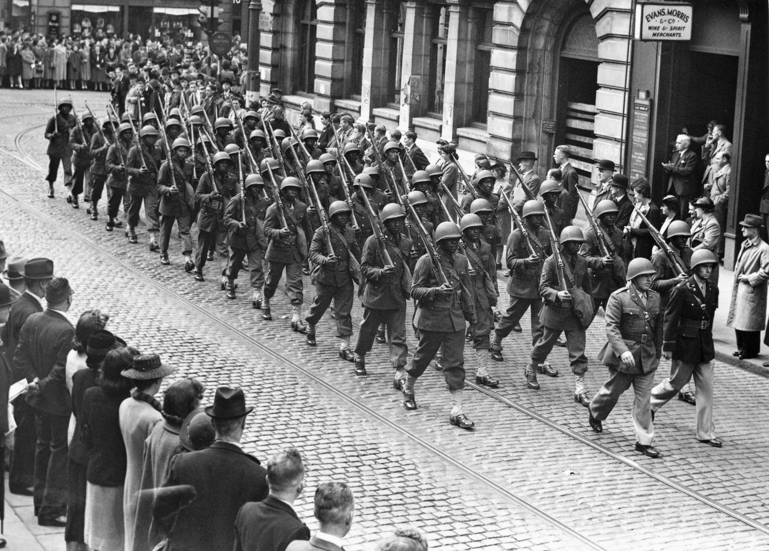 Black GIs on parade in Manchester. African Americans were kept in separate regiments and had to use separate facilities