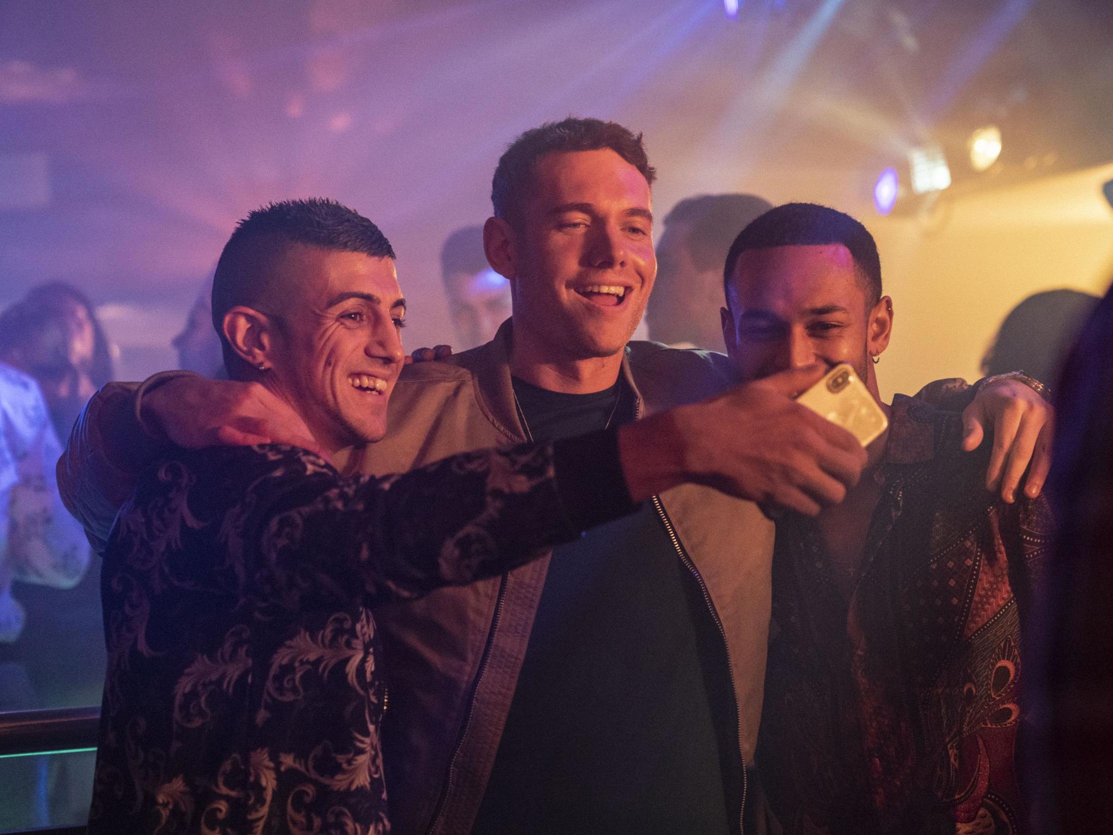 Tom Brittney (centre) stars as Billy, a spiralling reality TV star in ‘Make Me Famous’ on BBC One