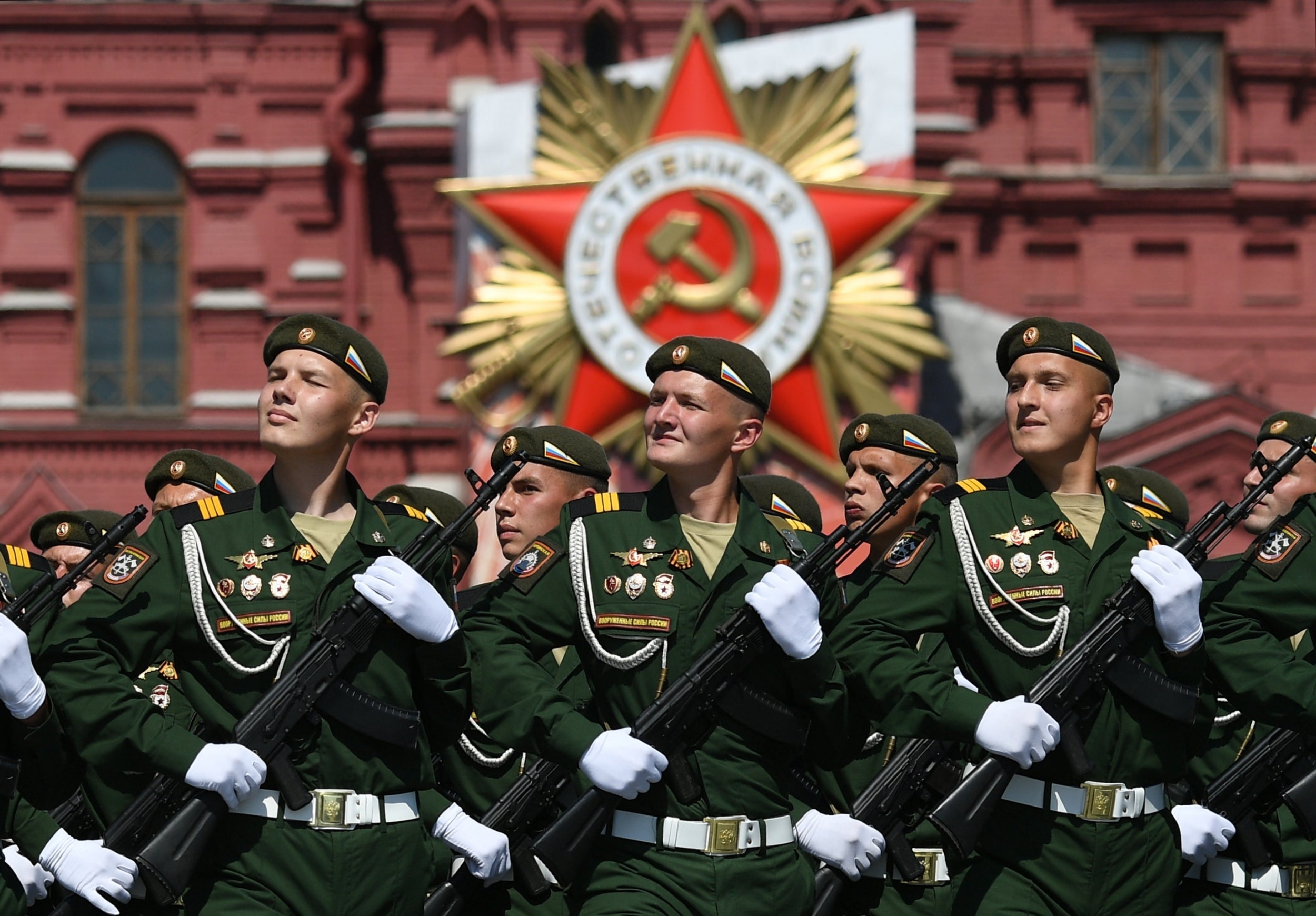 Servicemen march during Wednesday’s 75th anniversary Victory Day military parade in Red Square