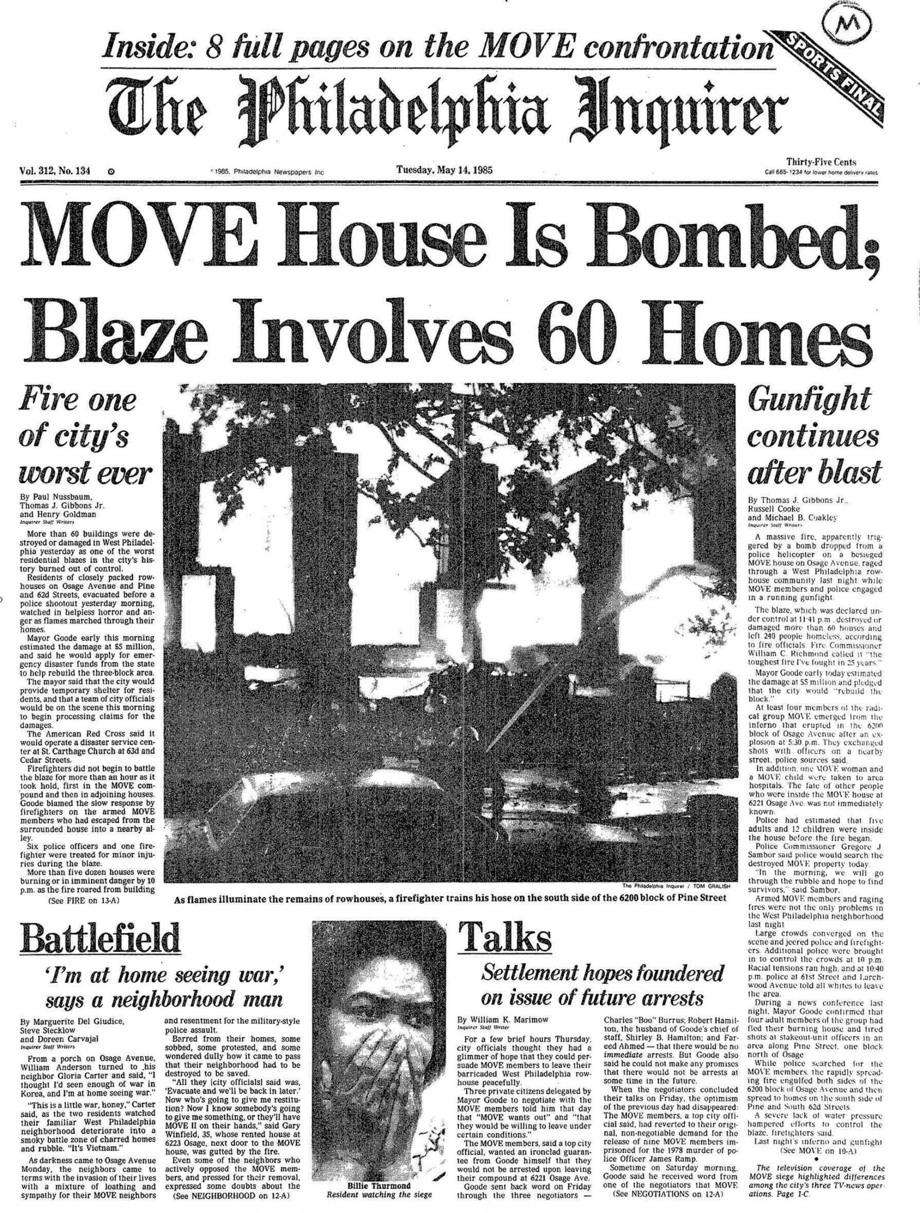 The Philadelphia Inquirer’s front page the day after the 1985 MOVE bombing