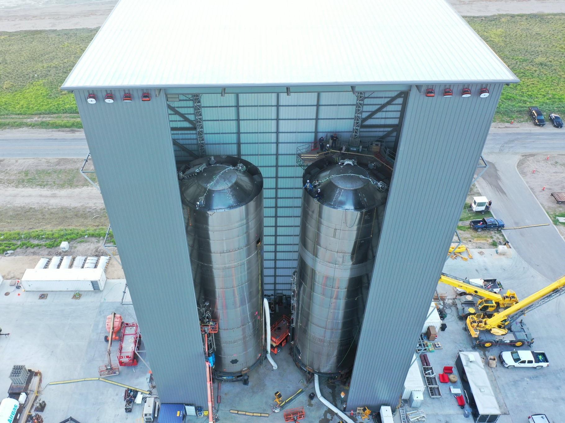 SpaceX CEO Elon Musk shared an aerial image of two Starship tanks