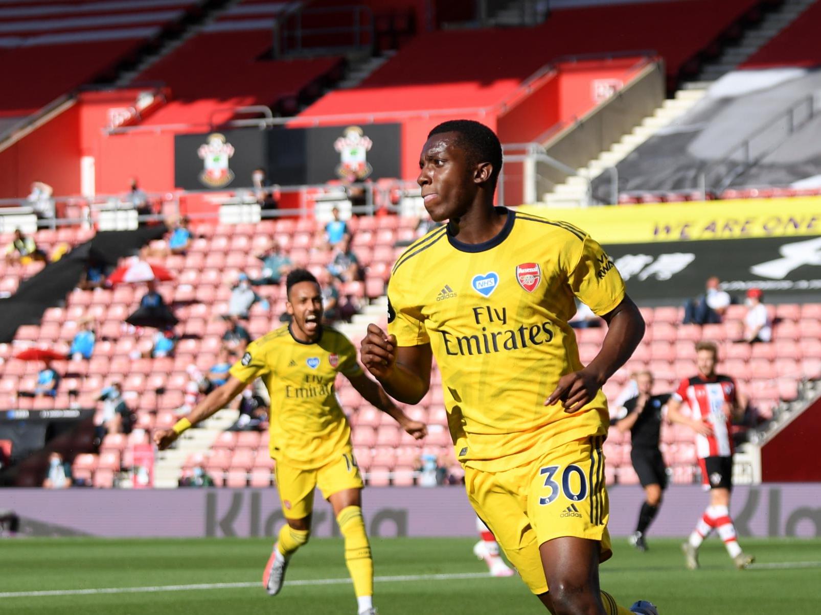 Eddie Nketiah celebrates after pouncing on Alex McCarthy’s error (Getty)