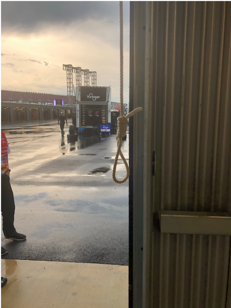 The first photo of the pull-down rope tied with a noose-style knot on the garage assigned to Bubba Wallace ahead of the Talladega Superspeedway event