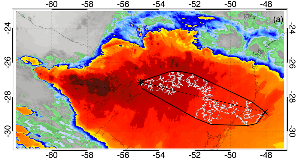 Satellite image showing the new record lightning flash. The bolt stretched from northwest Argentina, over southeast Brazil and out over the Atlantic Ocean