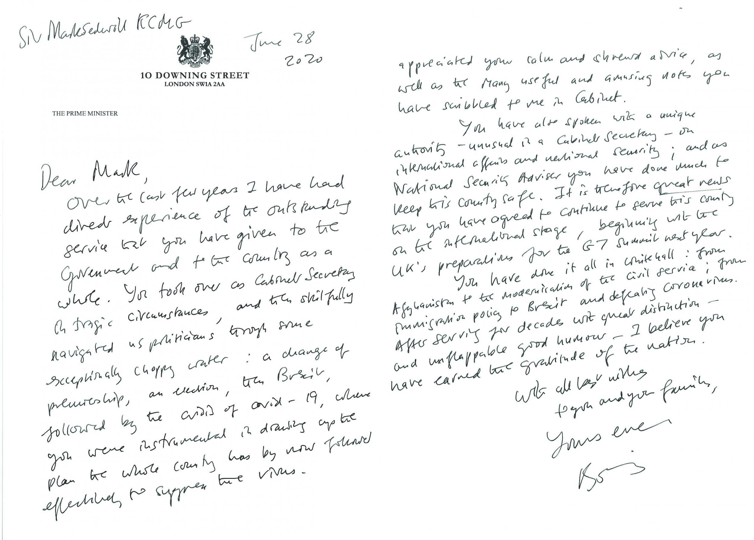 The prime minister wrote to Sedwill thanking him for his service
