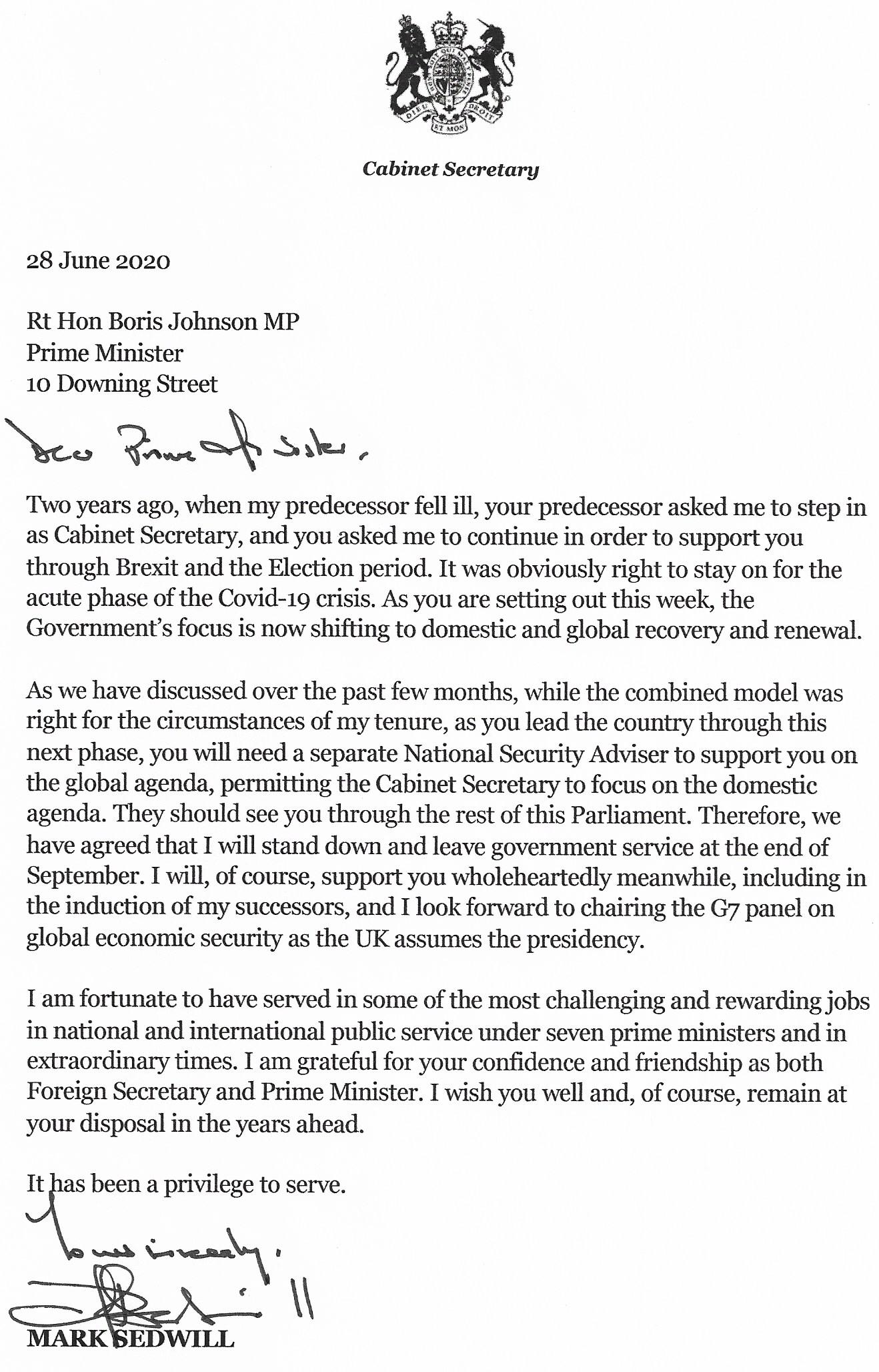 Sir Mark Sedwill’s letter to the prime minister announcing his departure