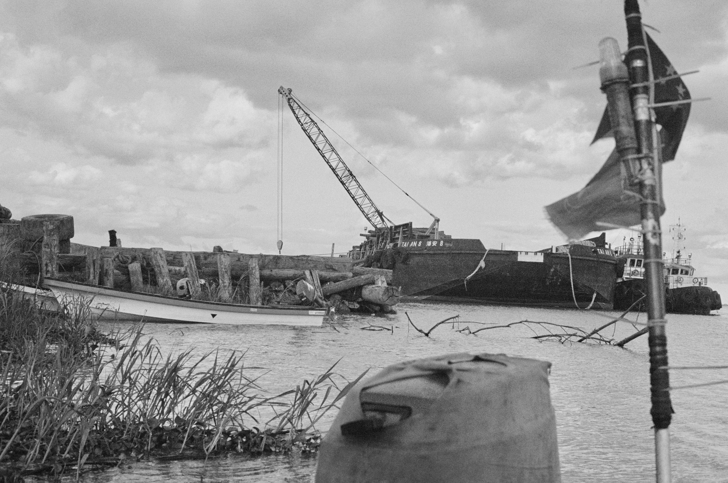 Malaysian logging boats harvest hundreds of hardwood logs each day