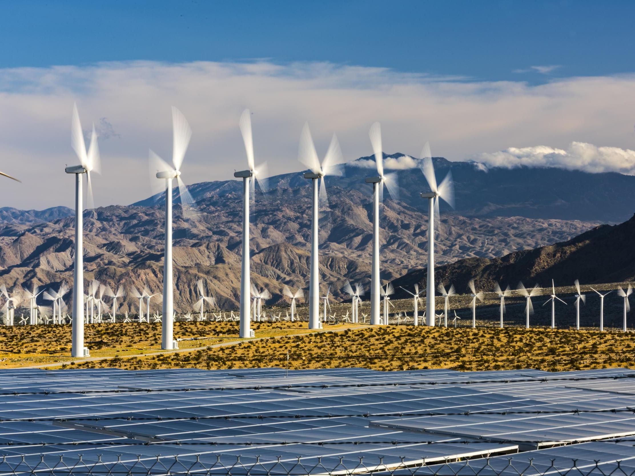 Wind farm with solar panels in southern California