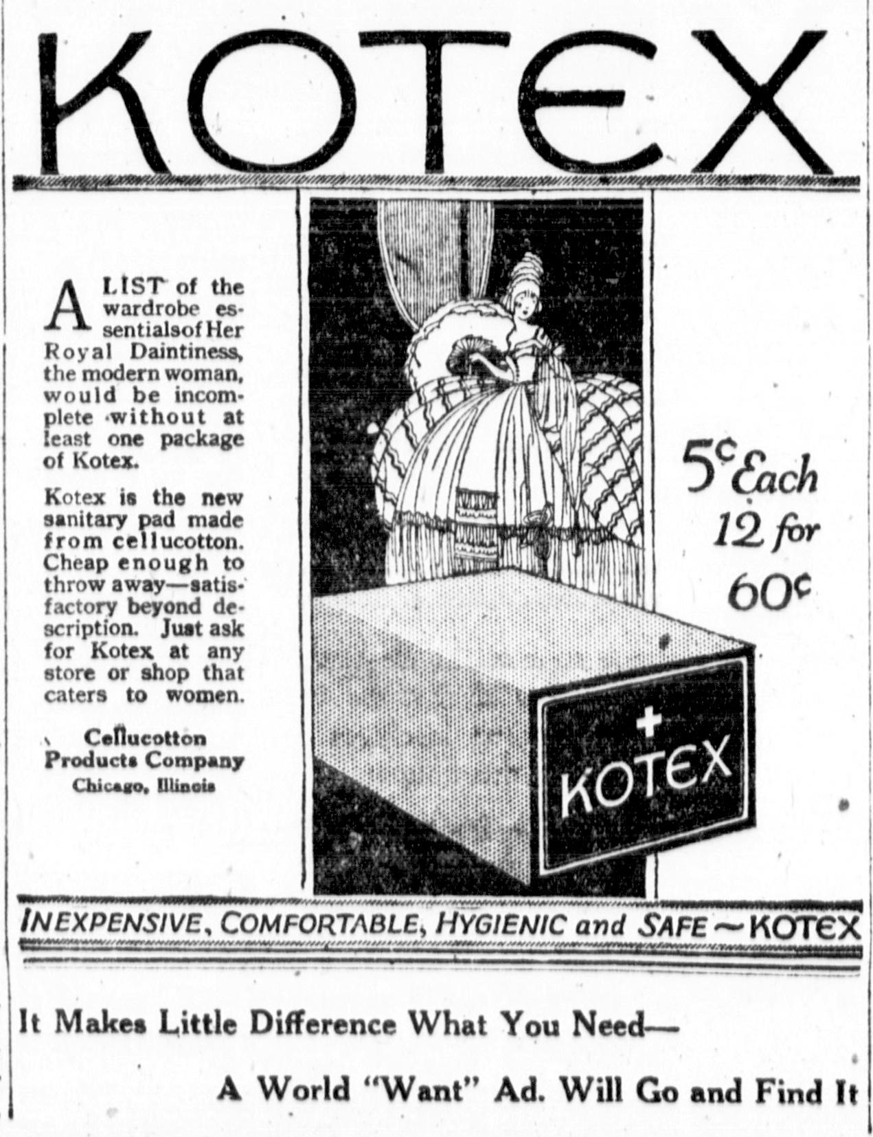 A Kotex newspaper advert in the 'The Evening World', New York, in November 1920