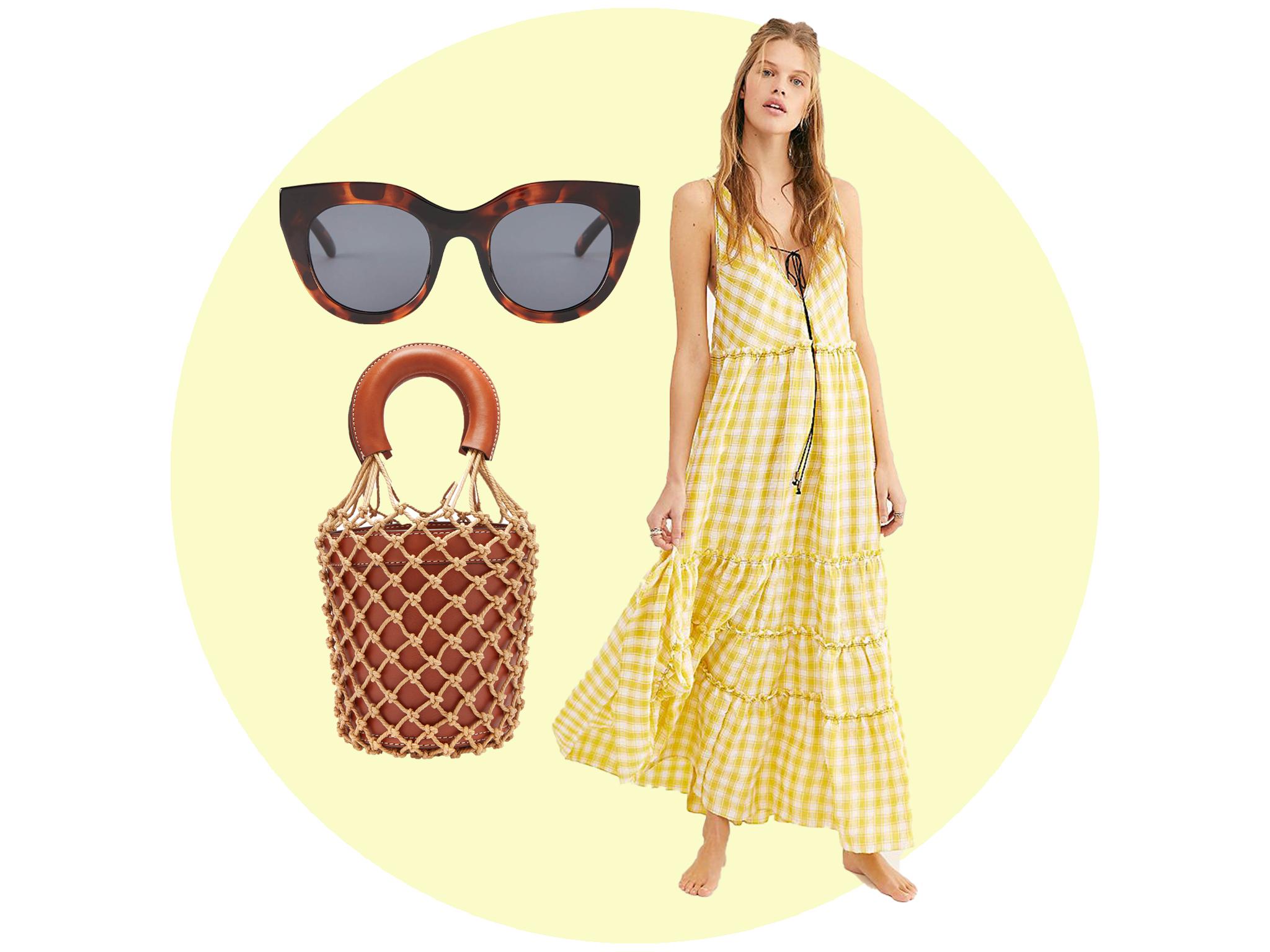 Tiered midi dress (Free People, £178), Le Specs sunglasses (Zalando, £59.99), Staud bucket bag (Matches Fashion, £155)