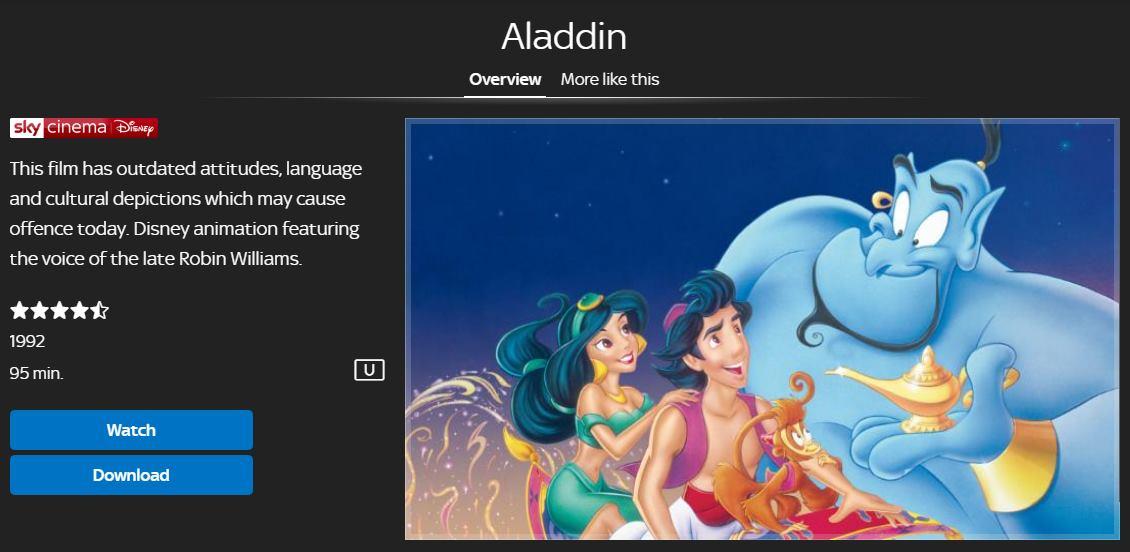 Some titles on Sky Movies, such as ‘Aladdin’, are preceded by a warning that the film contains ‘outdated attitudes, language and cultural depictions’