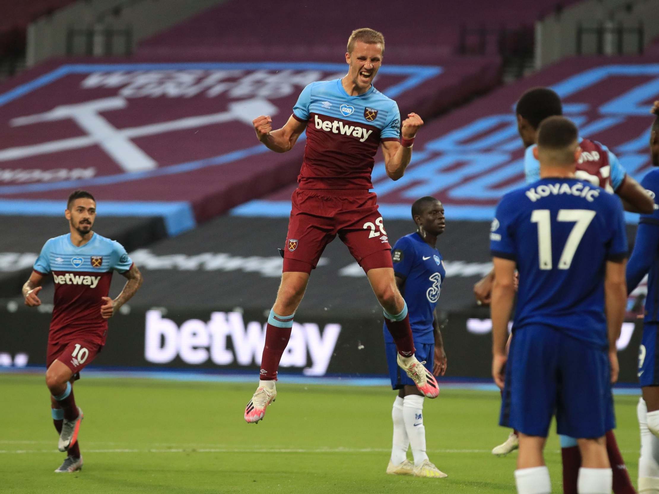 Soucek saw his first effort ruled out before scoring a second header (Getty)