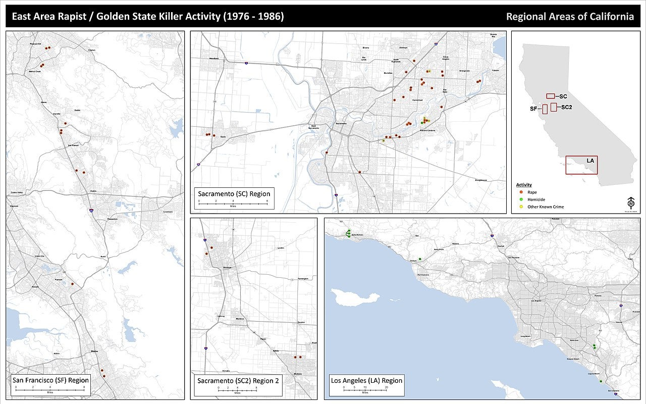 Maps of the East Area Rapist/Golden State Killer’s activity between 1976 and 1986