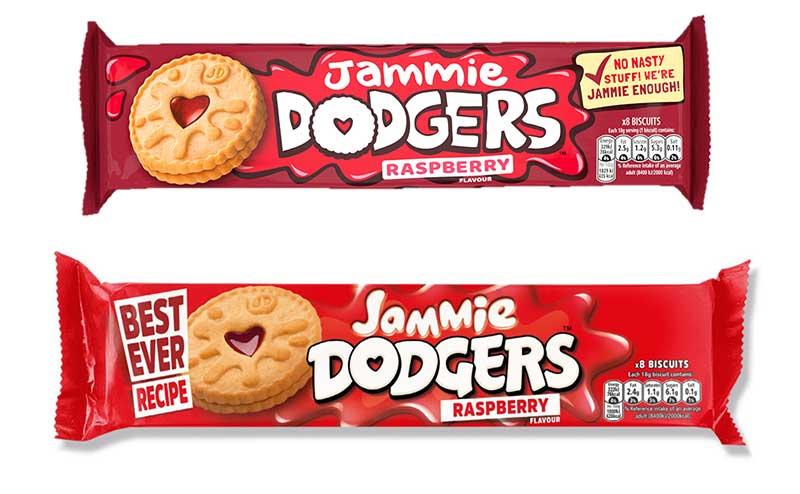 Jammie Dodgers now come in new, darker packaging with the slogan “No Nasty Stuff! We’re Jammie Enough!” (Burton’s Biscuit Company)