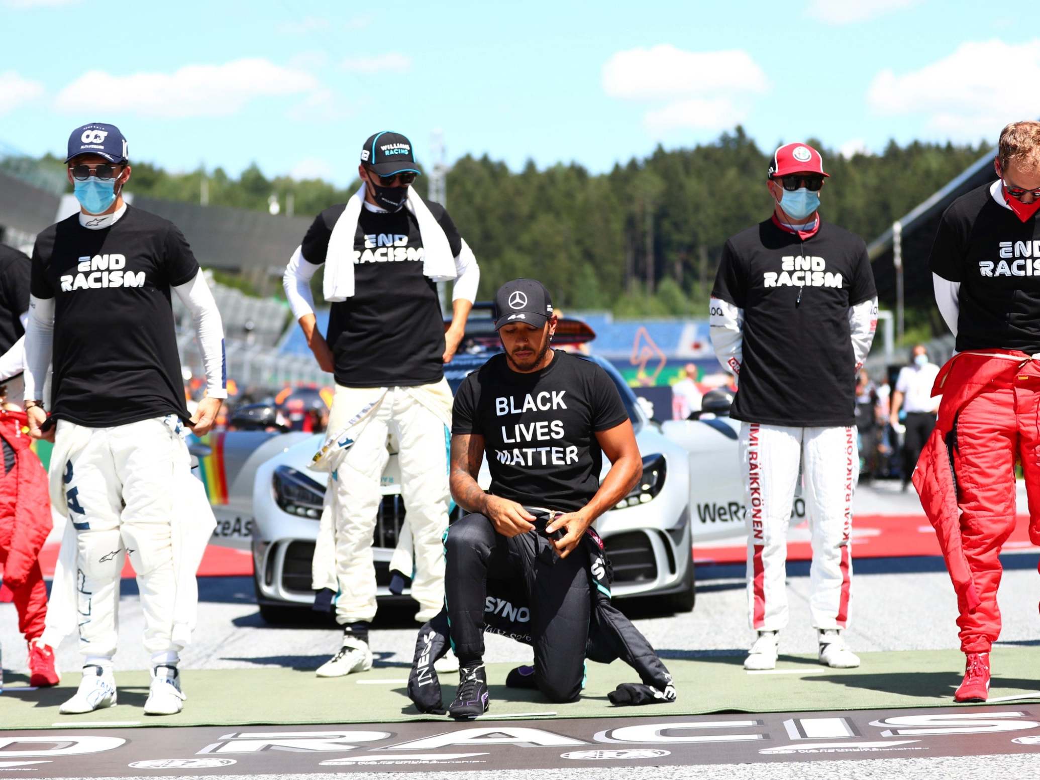 Lewis Hamilton takes a knee before the Austrian Grand Prix