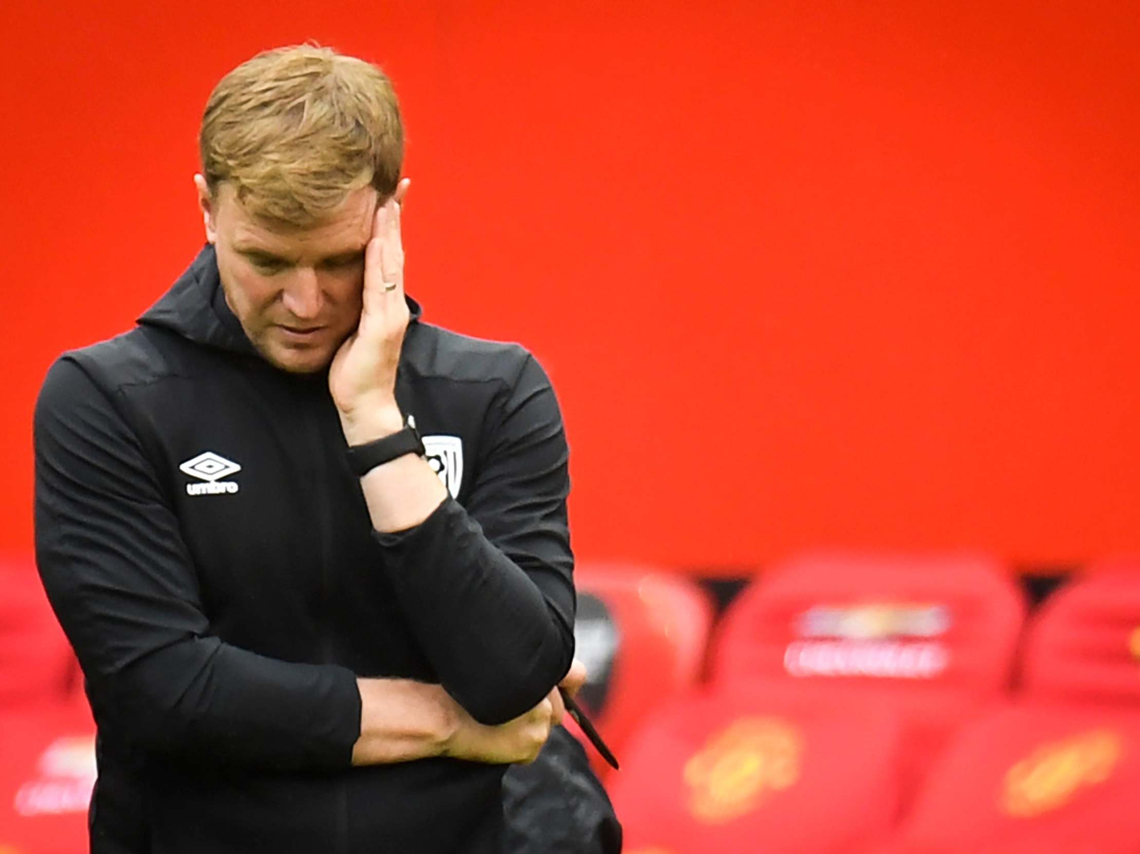 Eddie Howe reacts during defeat by Manchester United