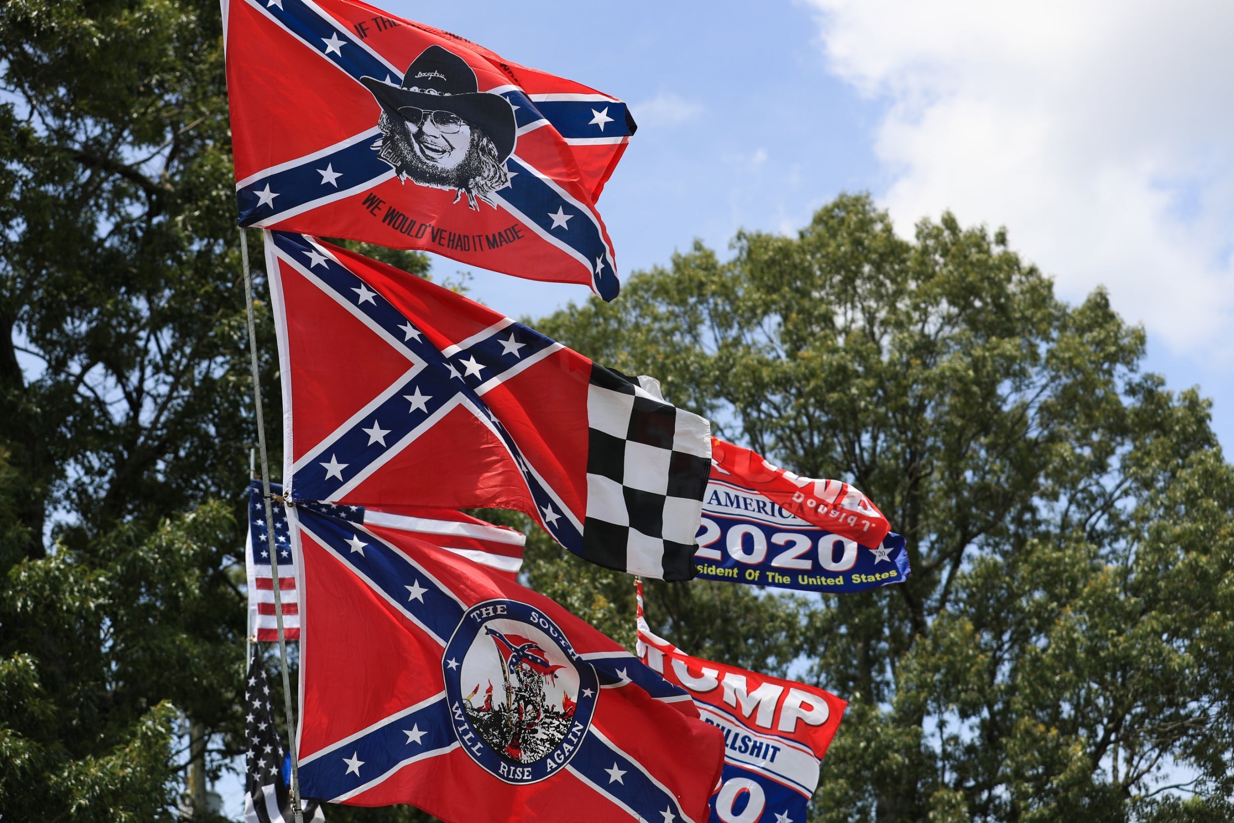 Confederate flag merchandise is seen at a hut across the street from the Talladega Superspeedway prior to the NASCAR Cup Series GEICO 500 on June 22, 2020 in Talladega, Alabama