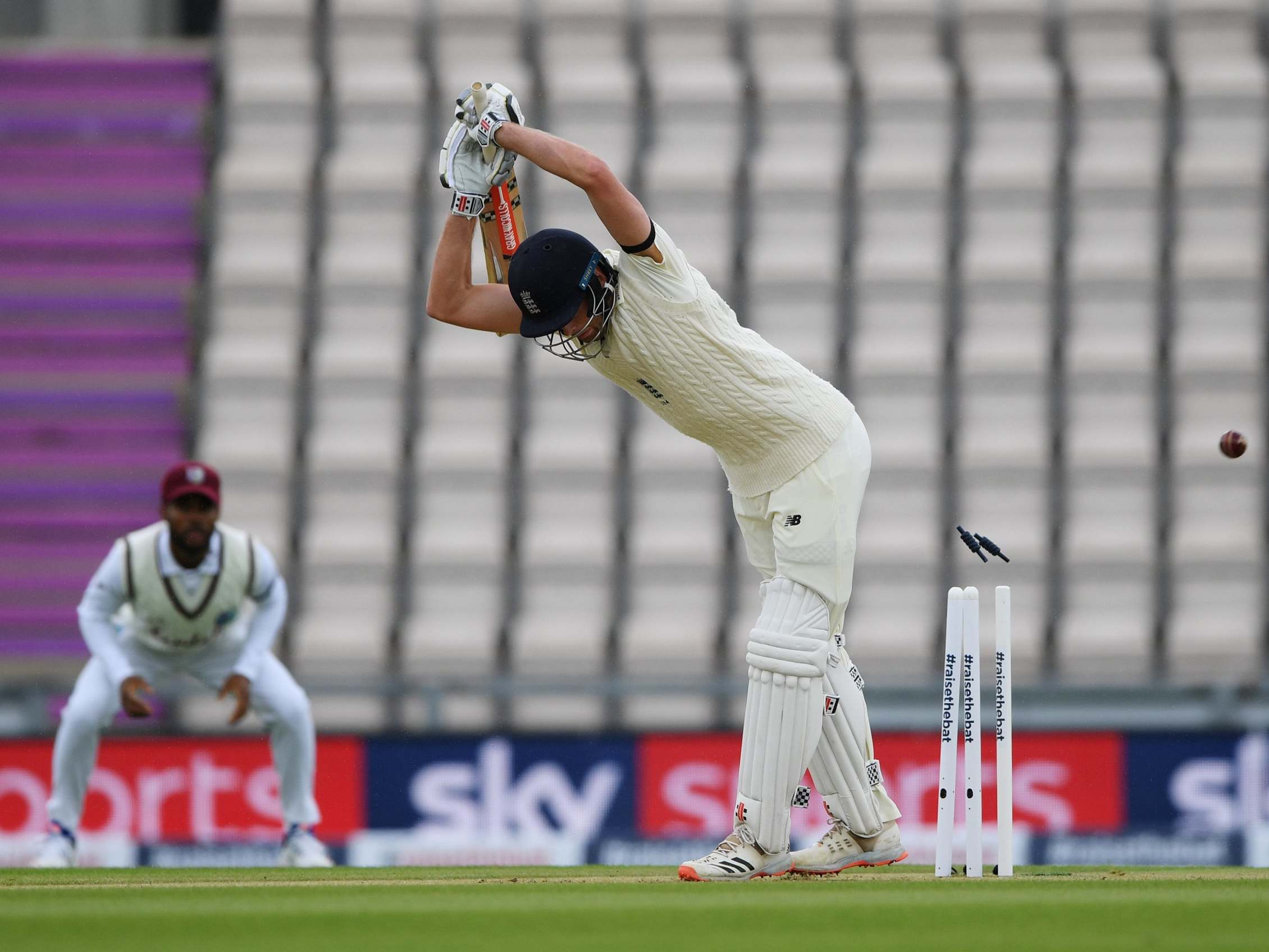 Dom Sibley is clean bowled by Shannon Gabriel