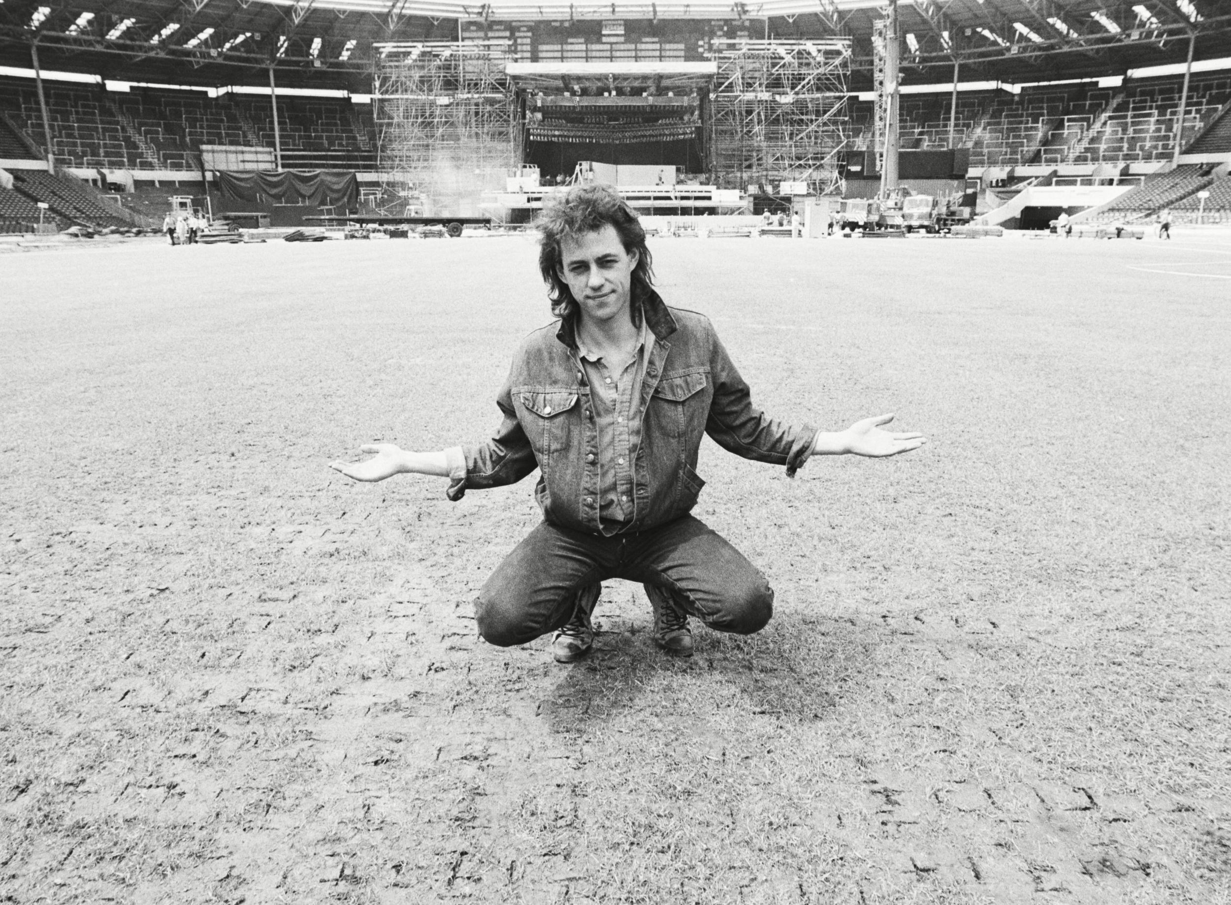 Bob Geldof in an empty Wembley Stadium ahead of Live Aid