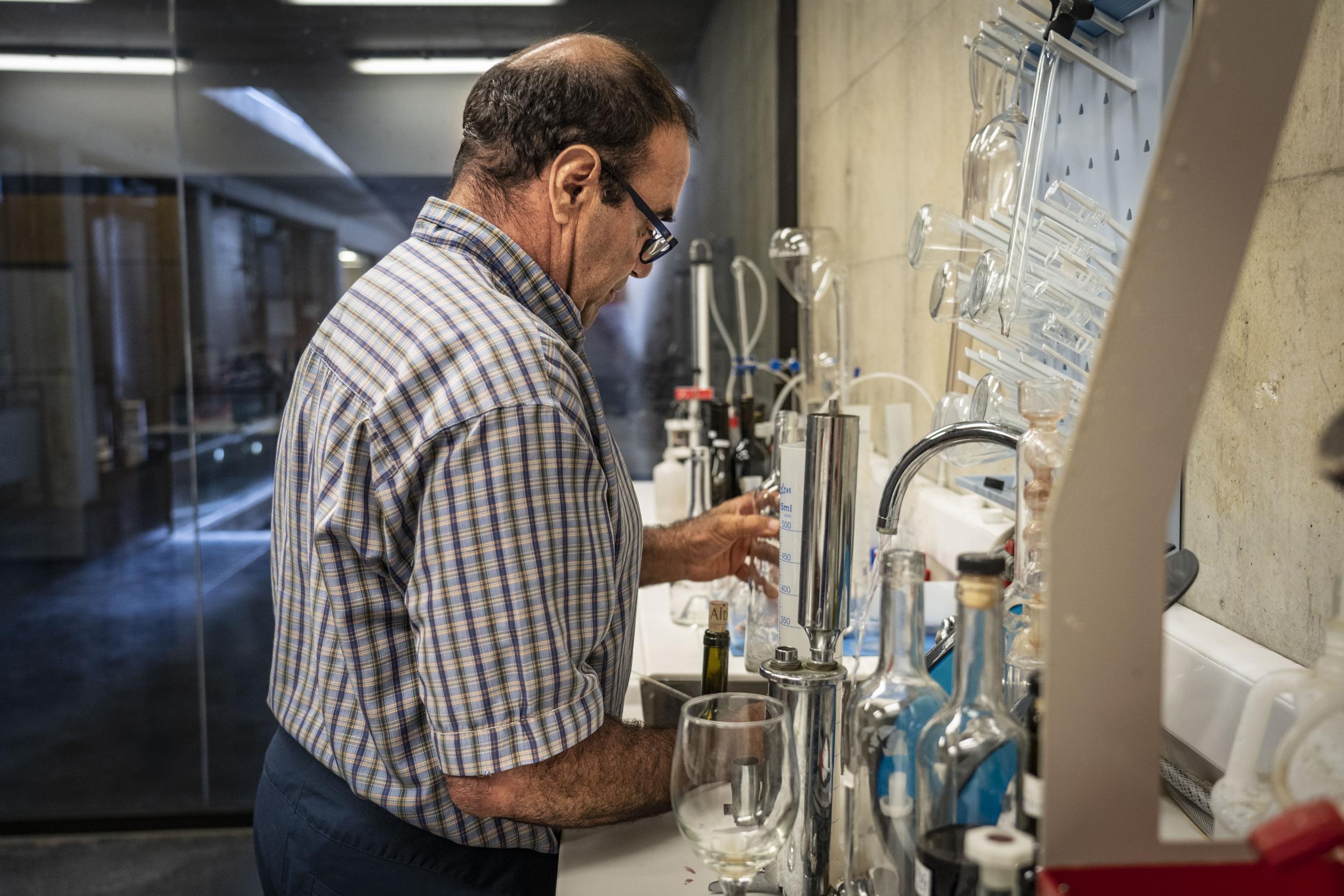 Ixsir’s winemaker Gabriel Rivero tests a new vintage at their winery in the Batroun mountains, Lebanon