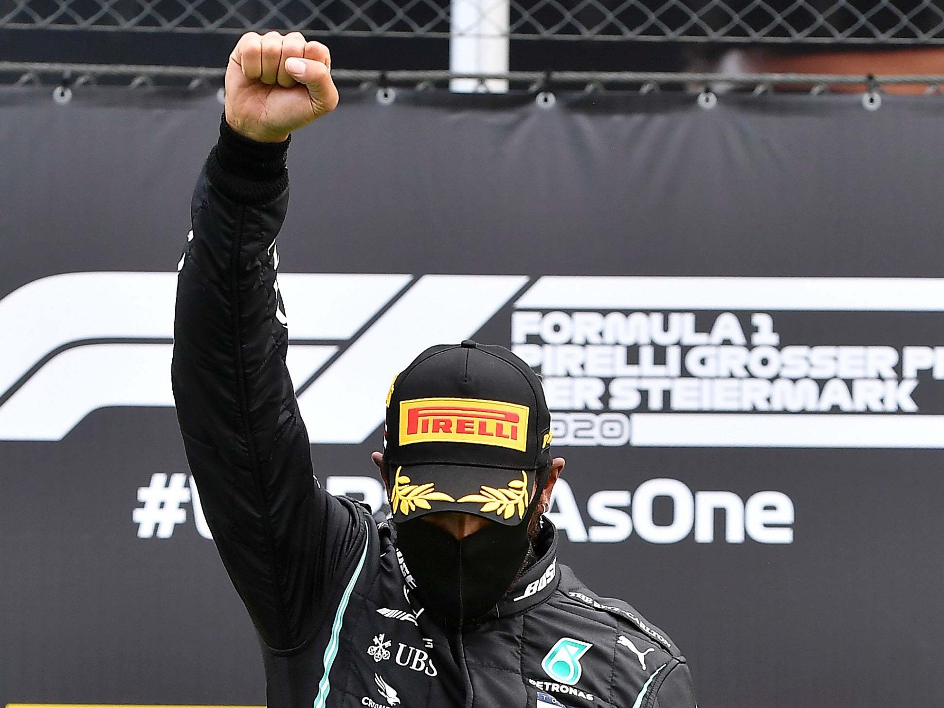 Lewis Hamilton gives the black power salute after winning the Styrian Grand Prix