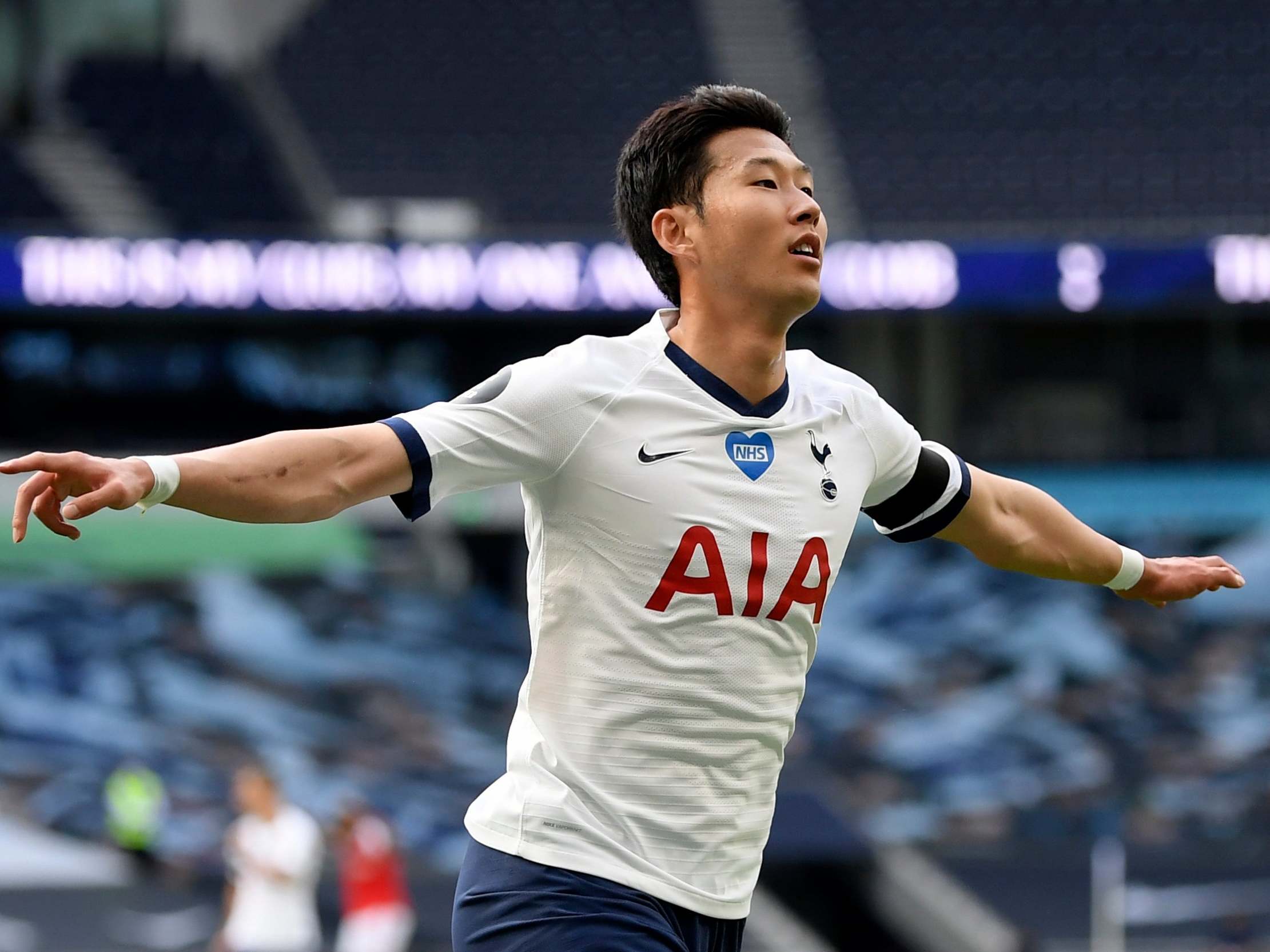 Tottenham’s Son Heung-min celebrates after scoring his side’s first goal against Arsenal