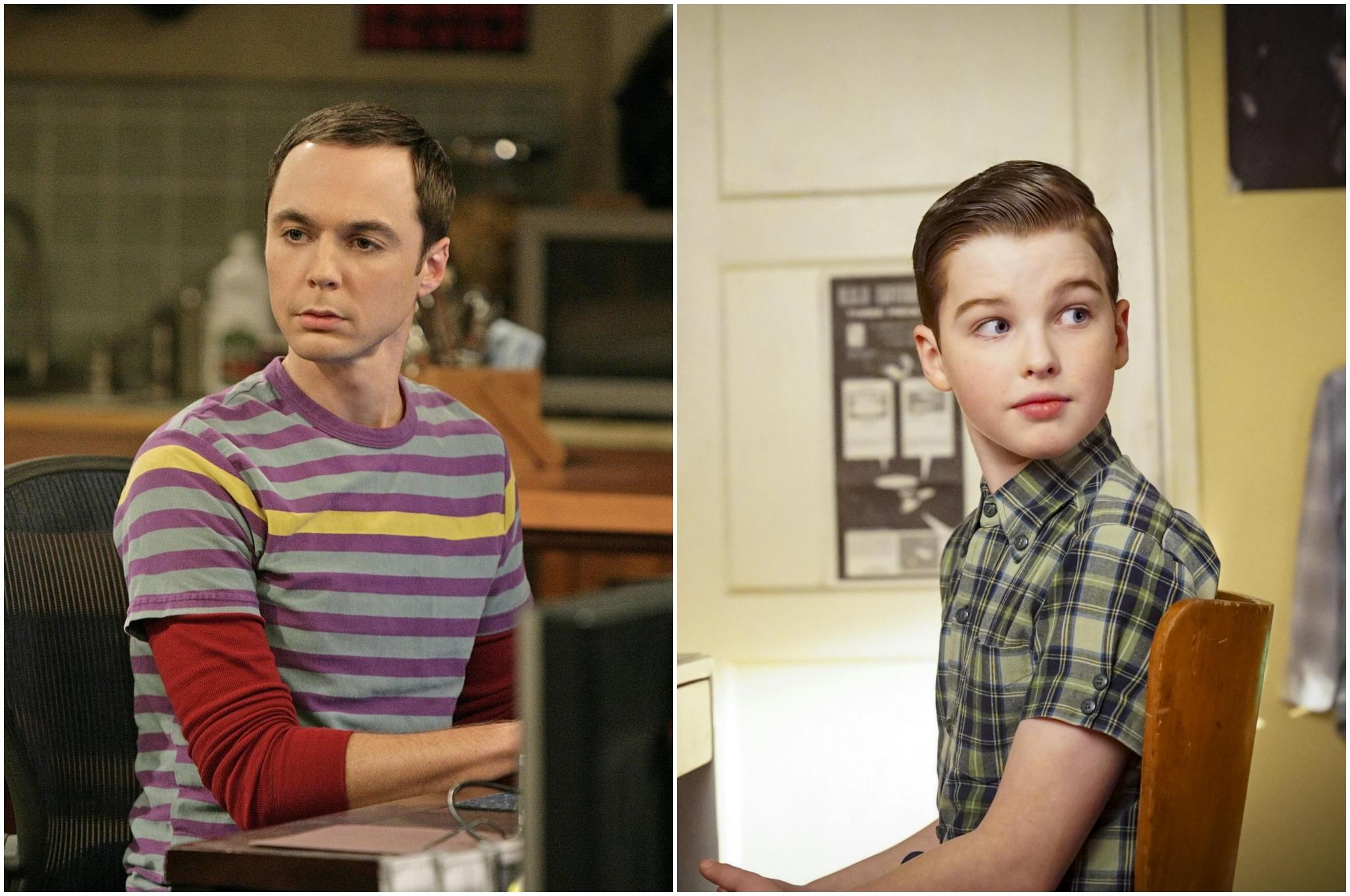 Jim Parsons as Sheldon in The Big Bang Theory and Iain Armitage as Young Sheldon