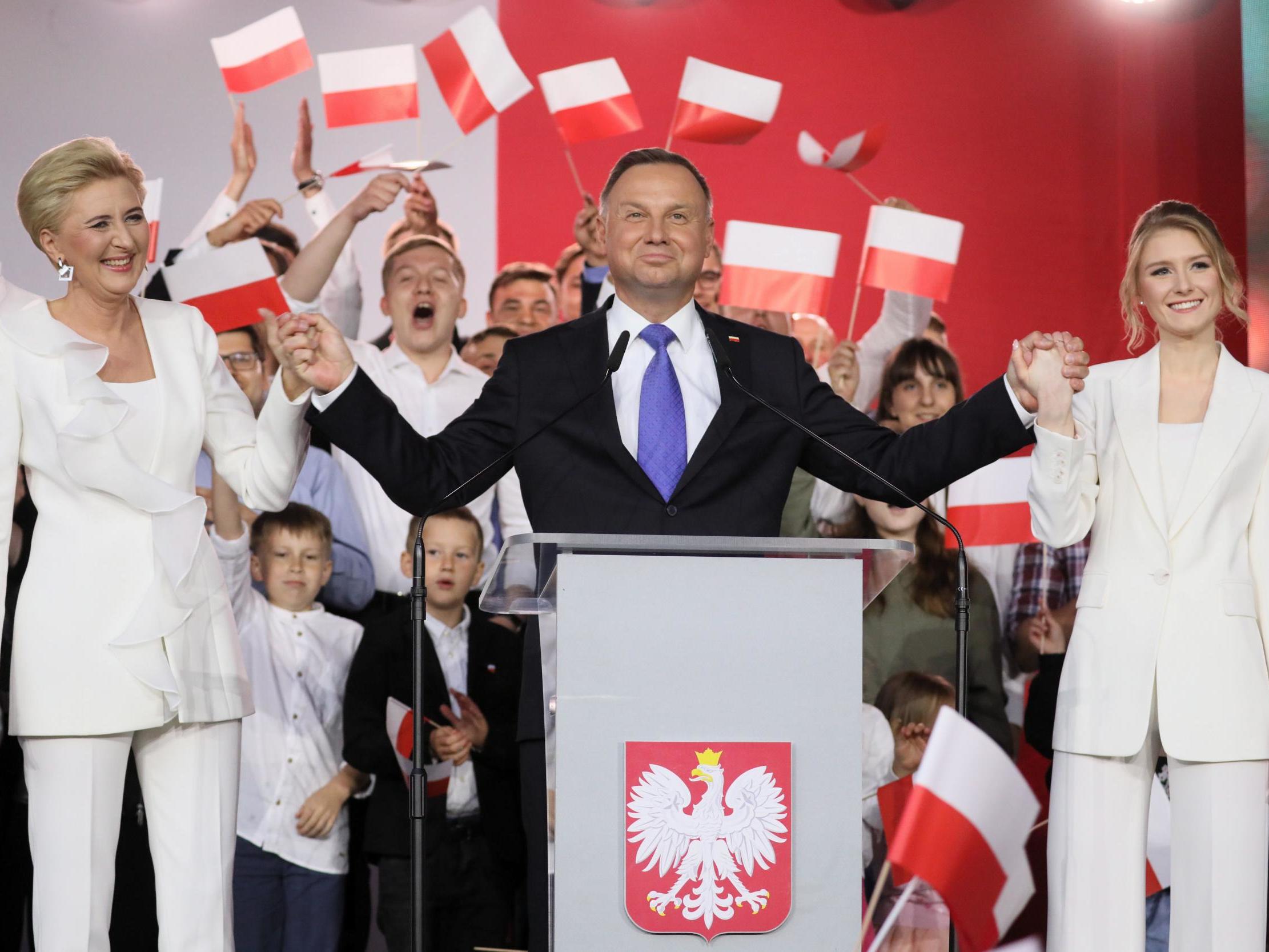 Andrzej Duda giving a statement after first exit polls in Polish Presidential elections. Pultusk, Poland, 12 July 2020