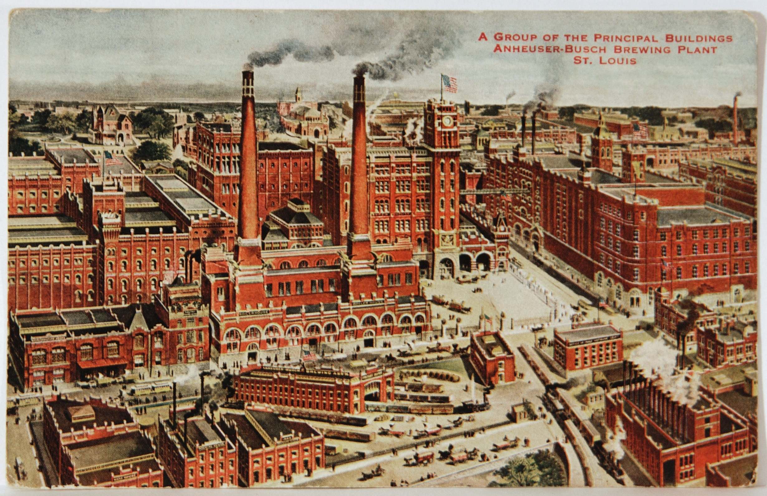 A postcard dated from 1920-30 showing the Anheuser-Busch Brewery in St Louis, Missouri