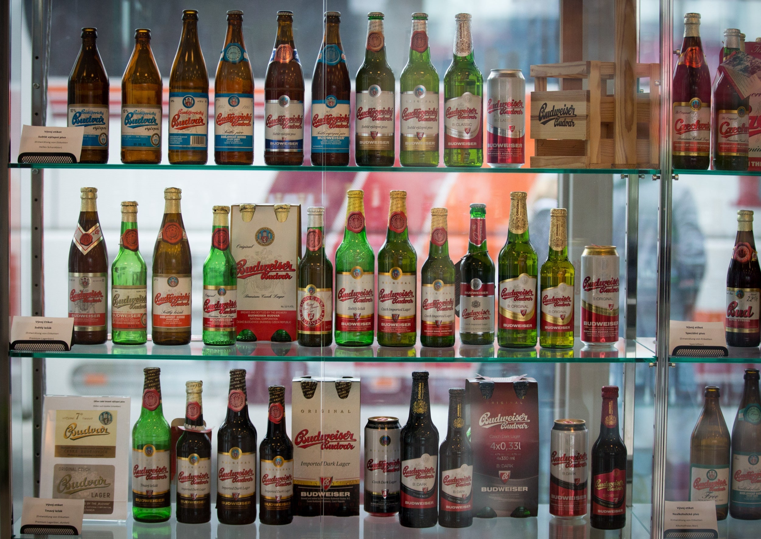 Historic bottles of Budweiser Budvar on display in the museum at the brewery in České Budějovice