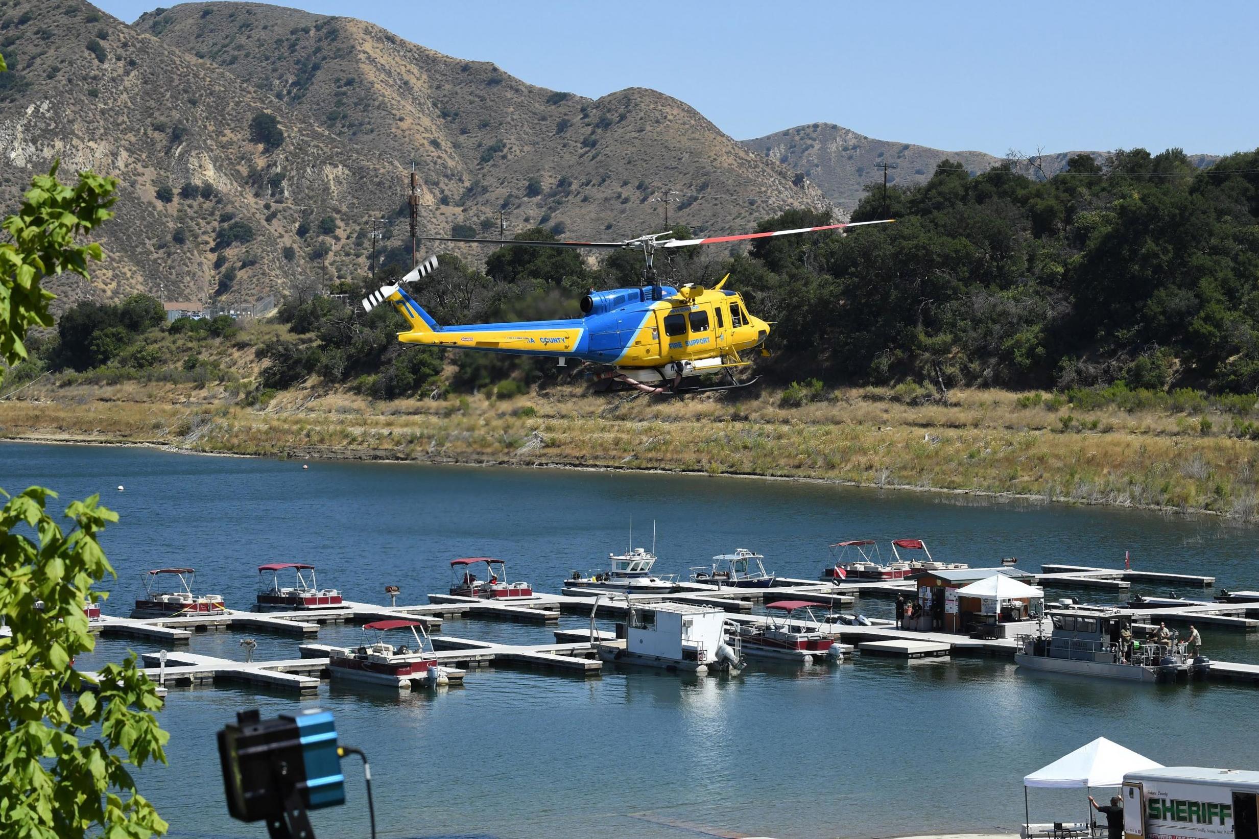 A Ventura County Sheriff’s helicopter returns to base during the search to find Naya Rivera on 10 July 2020 at Lake Piru, California.