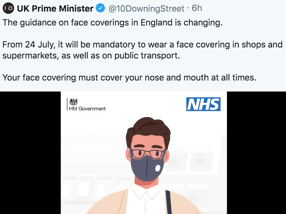 The prime minister's official Twitter account appeared to use graphics depicting a mask with a valve