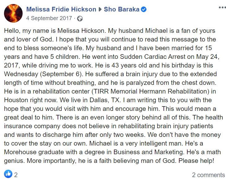 A Facebook message from Michael’s wife Melissa to one of his favourite hip-hop artists