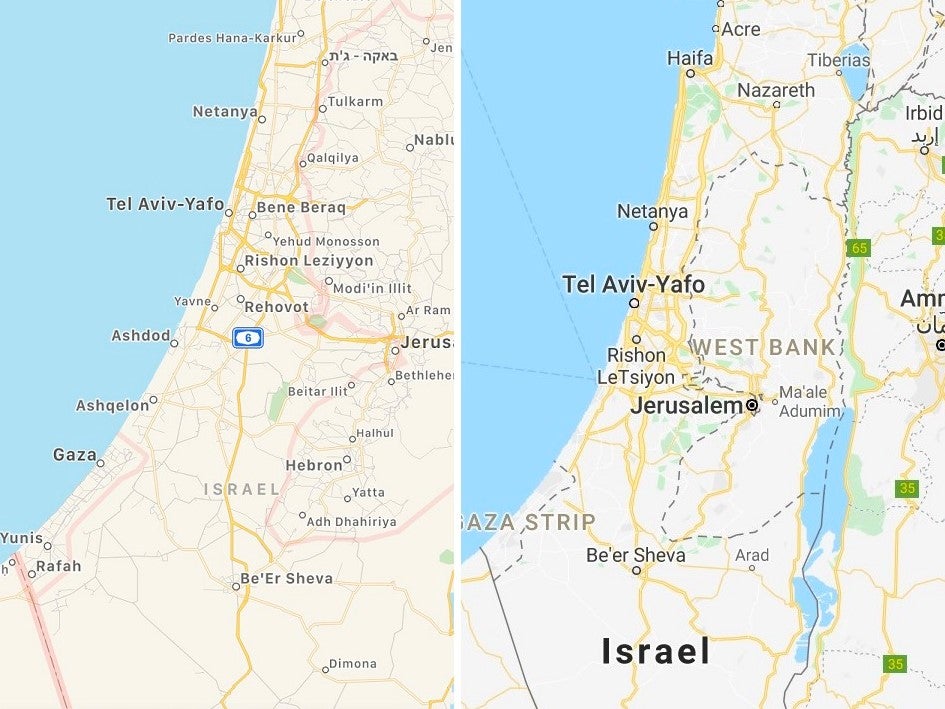 How Israel and Palestine appear on Apple Maps (left) and Google Maps.