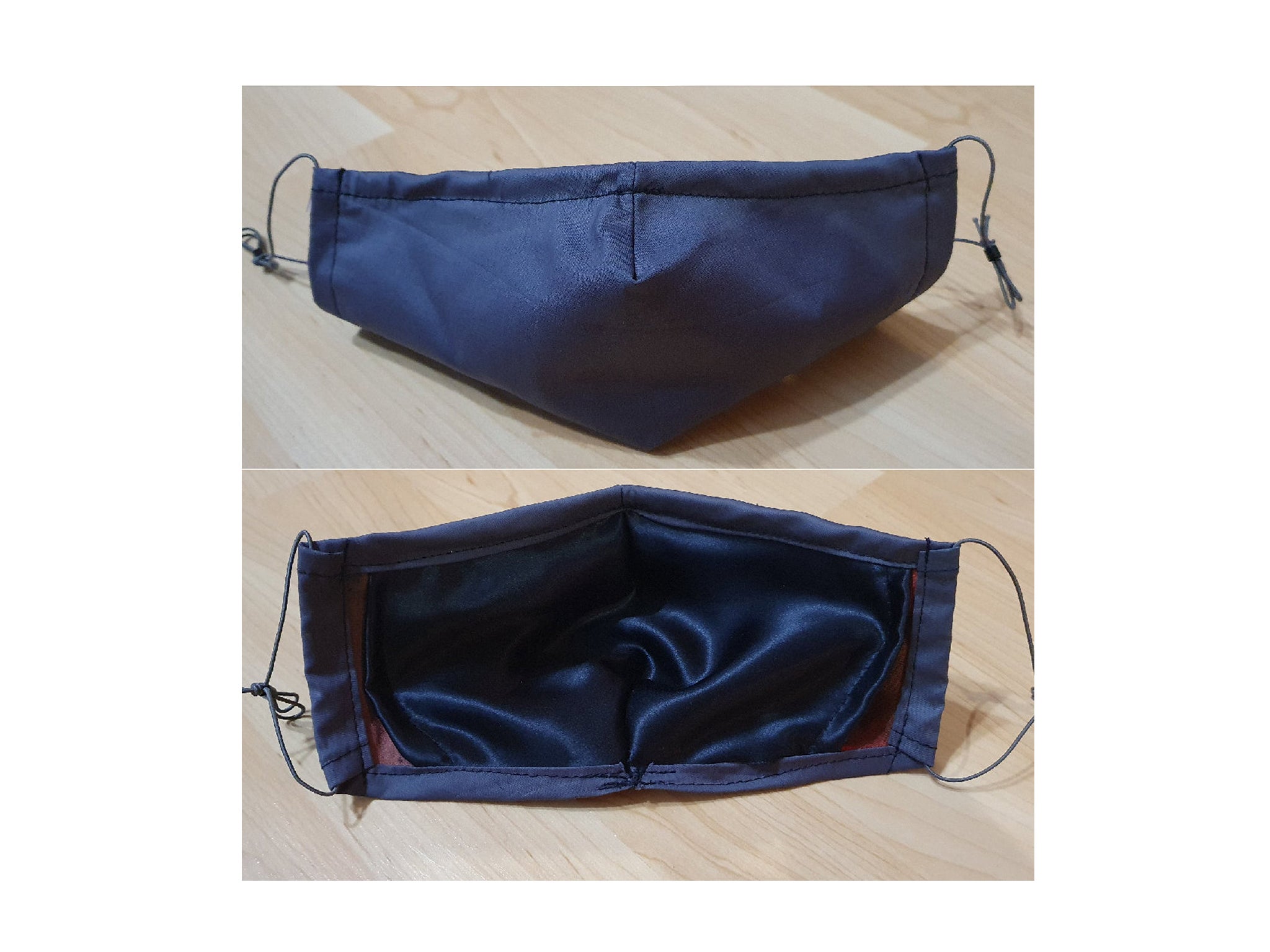 This blue silk mask has a soft cotton outer layer