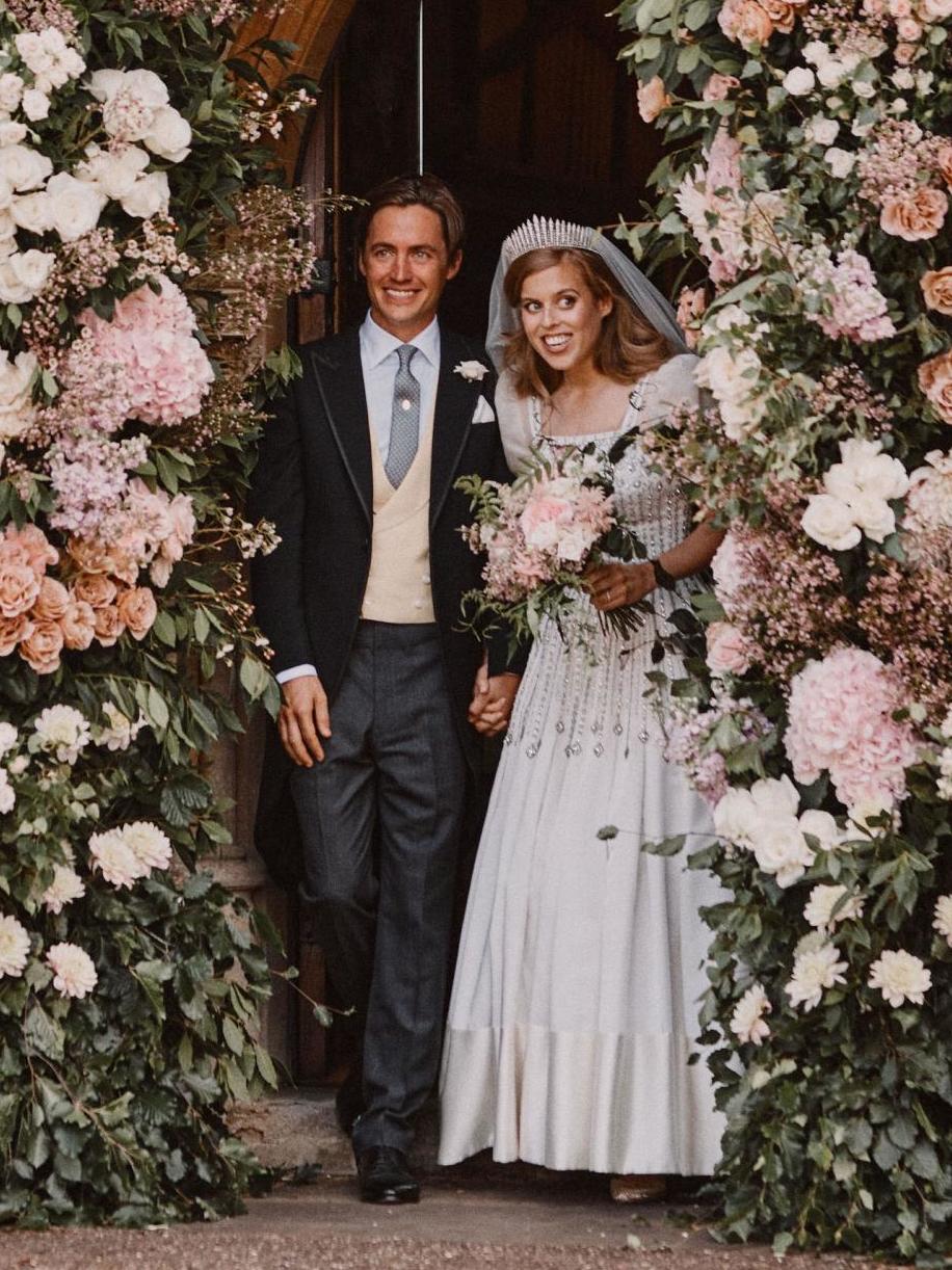 Princess Beatrice and Edoardo Mapelli Mozzi leaving The Royal Chapel of All Saints at Royal Lodge, Windsor after their wedding