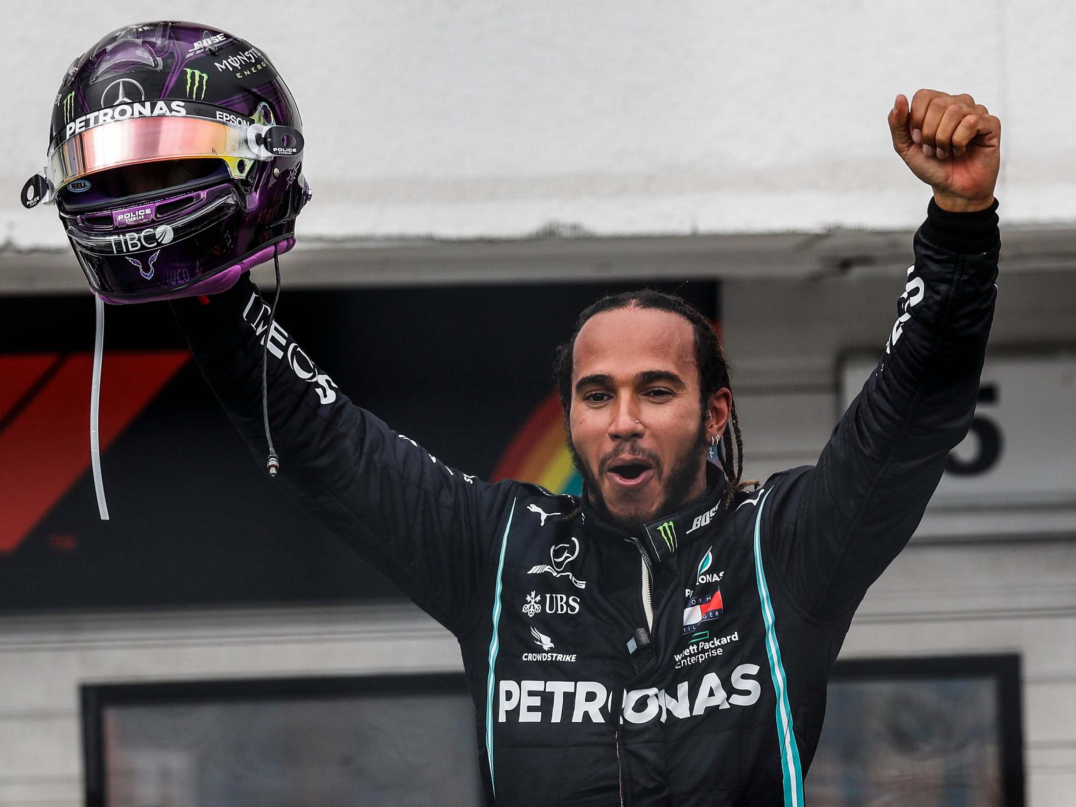 Lewis Hamilton celebrates his victory in the Hungarian Grand Prix