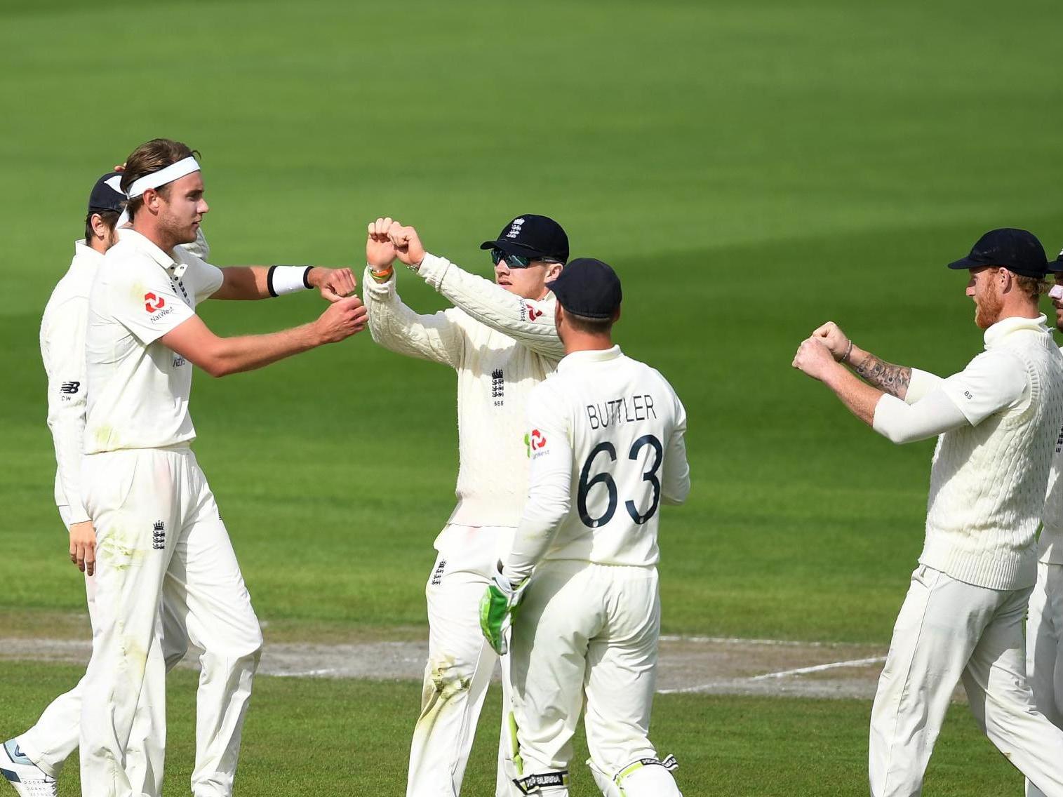 England celebrate taking the wicket of Jermaine Blackwood of West Indies