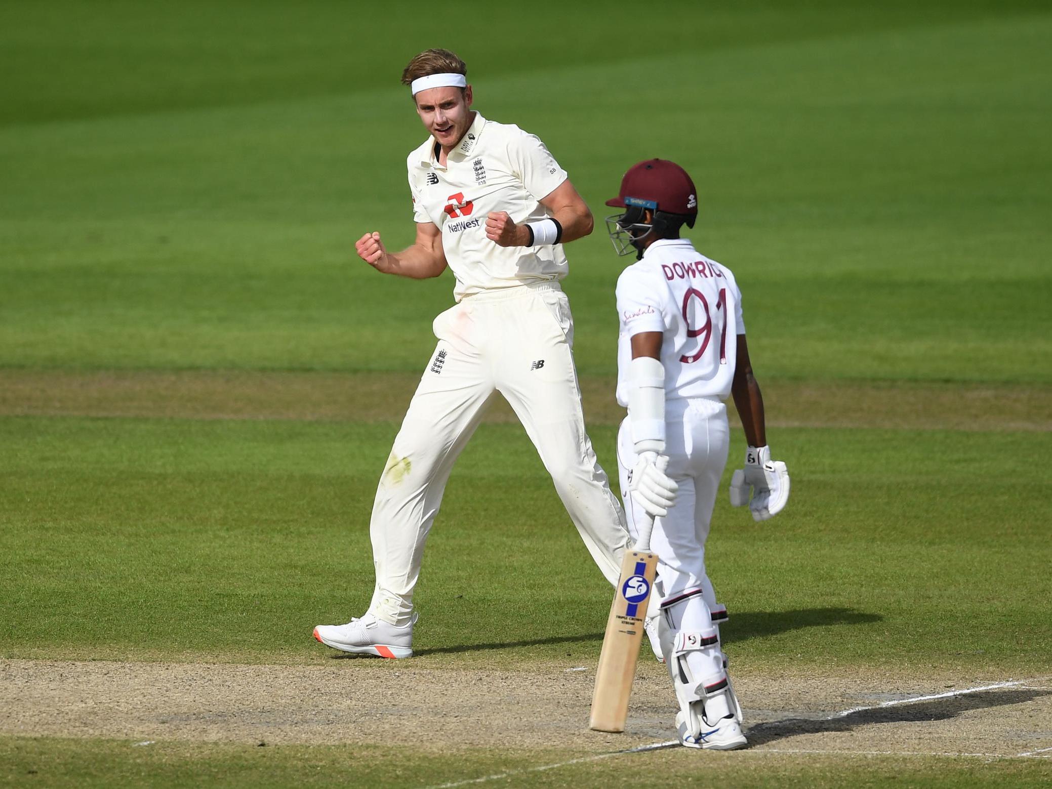 Stuart Broad celebrates dismissing Shane Dowrich