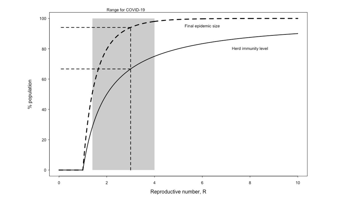 The range of population proportion to achieve herd immunity and the final epidemic size depend on the reproductive number, R