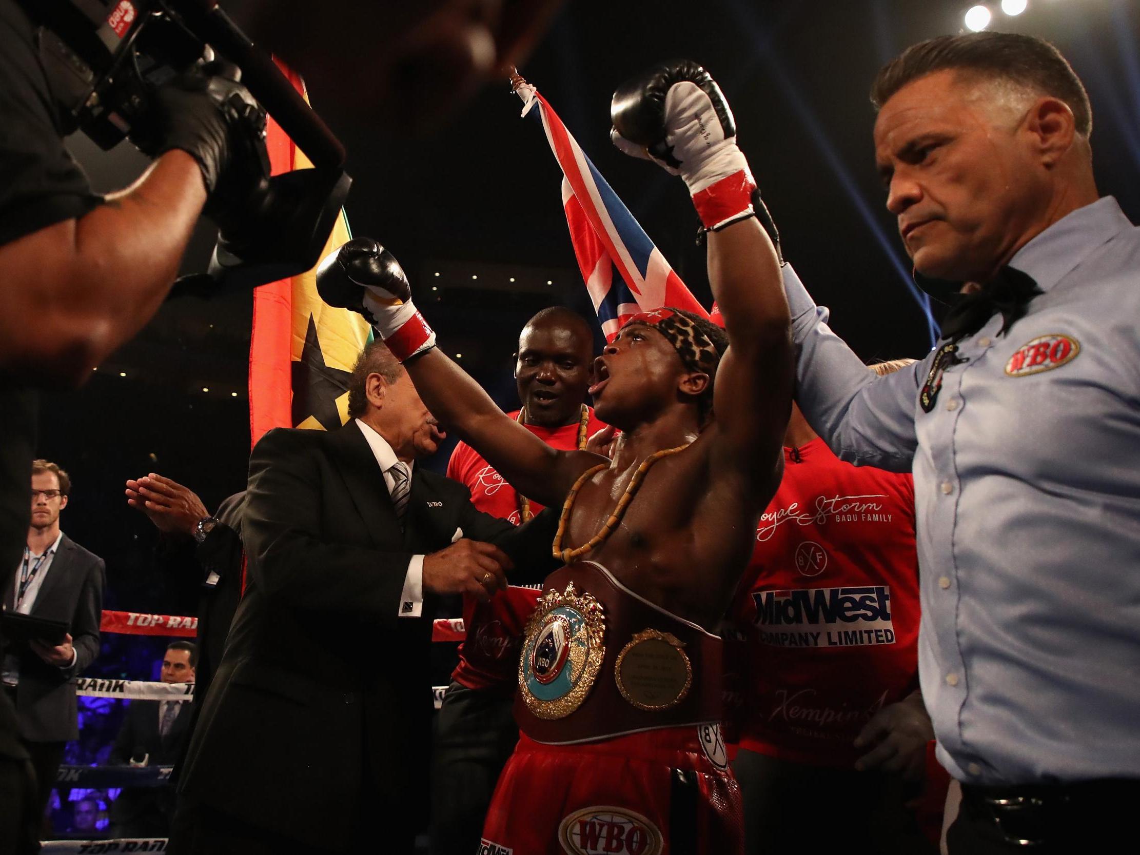 WBO champion Isaac Dogboe celebrates defeating Hidenori Otake in 2018