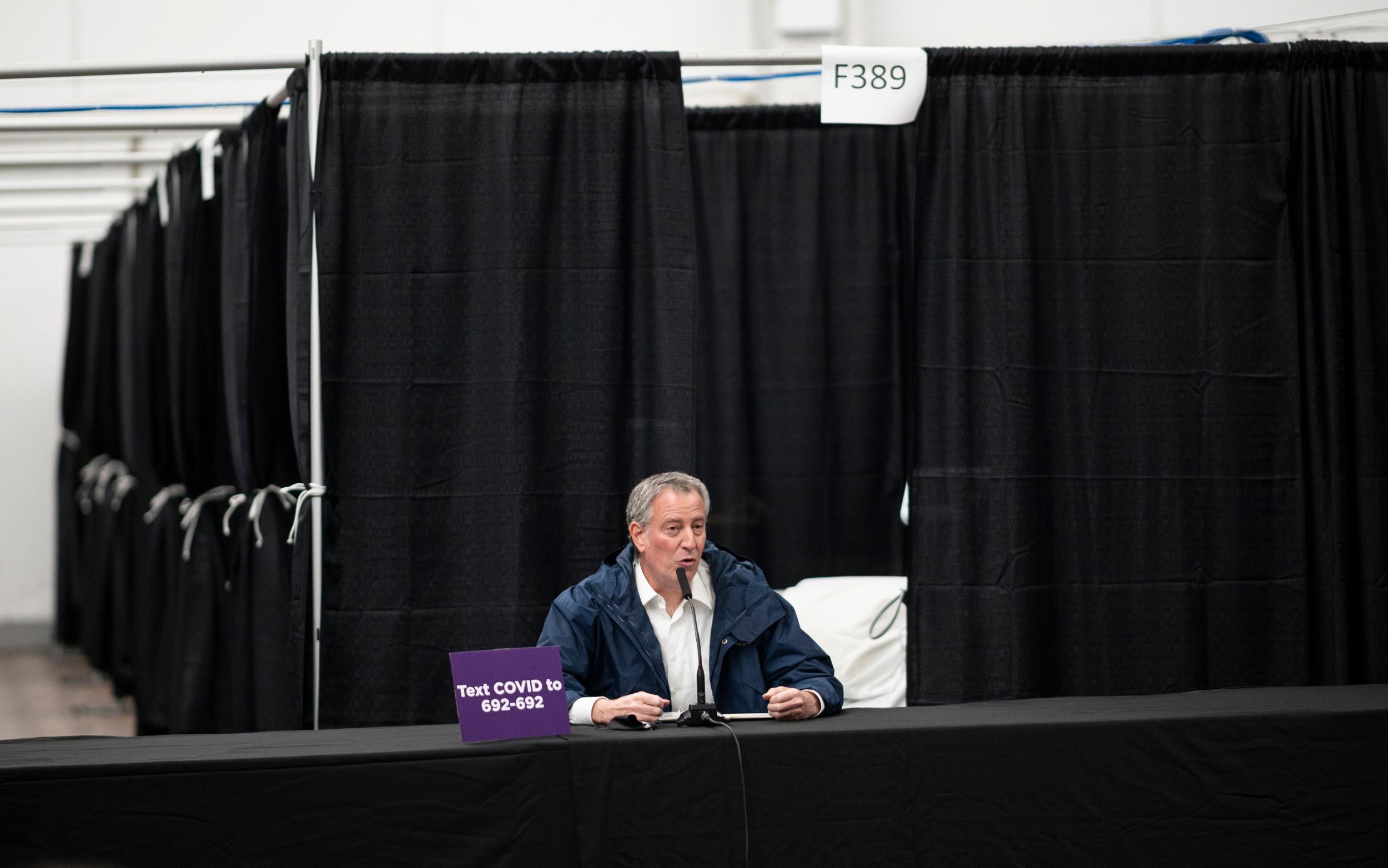 de Blasio, who one called the temporary site a ‘war effort’, gives a press conference at the hospital