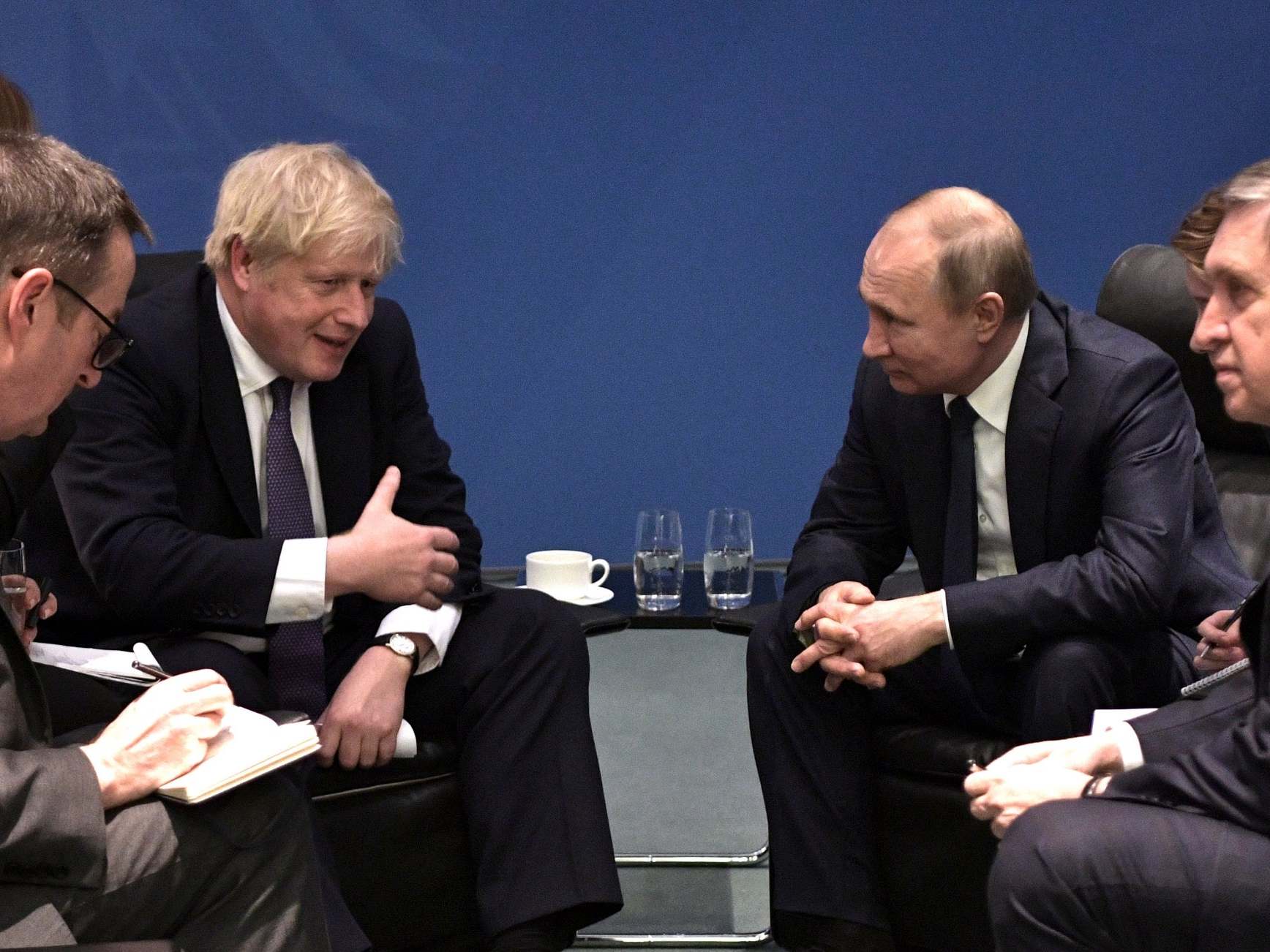 Boris Johnson and Vladimir Putin at International Libya Conference in Germany, January 2020