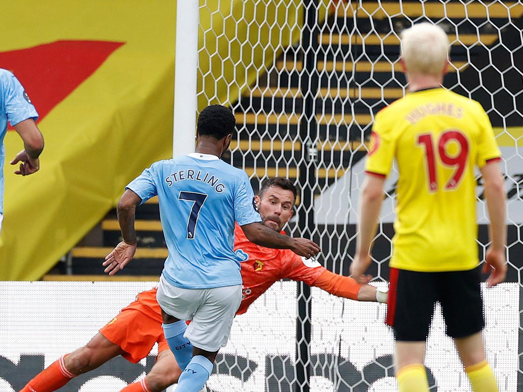 Ben Foster denies Raheem Sterling before the winger rebounds the penalty save