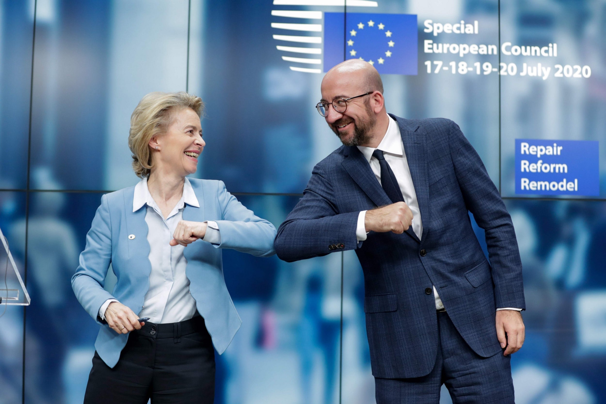 Something to celebrate at last: European Commission president Ursula Von Der Leyen and European Council president Charles Michel